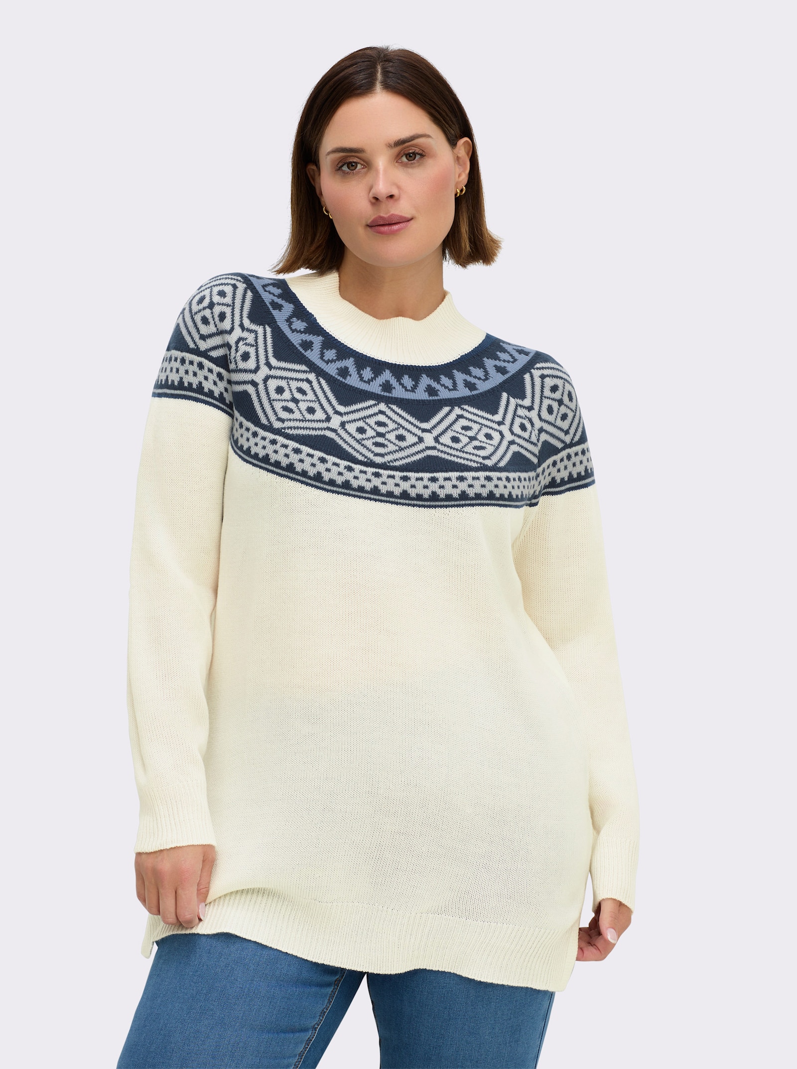 Longpullover mit Norwegermuster - ecru-dunkelblau