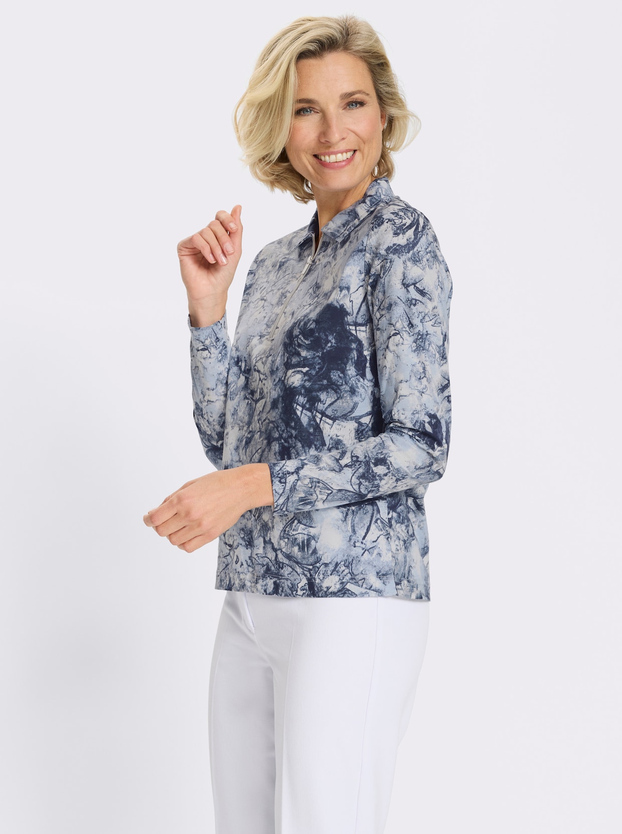 Poloshirt mit kurzem Reißverschluss - eisblau-marine-bedruckt