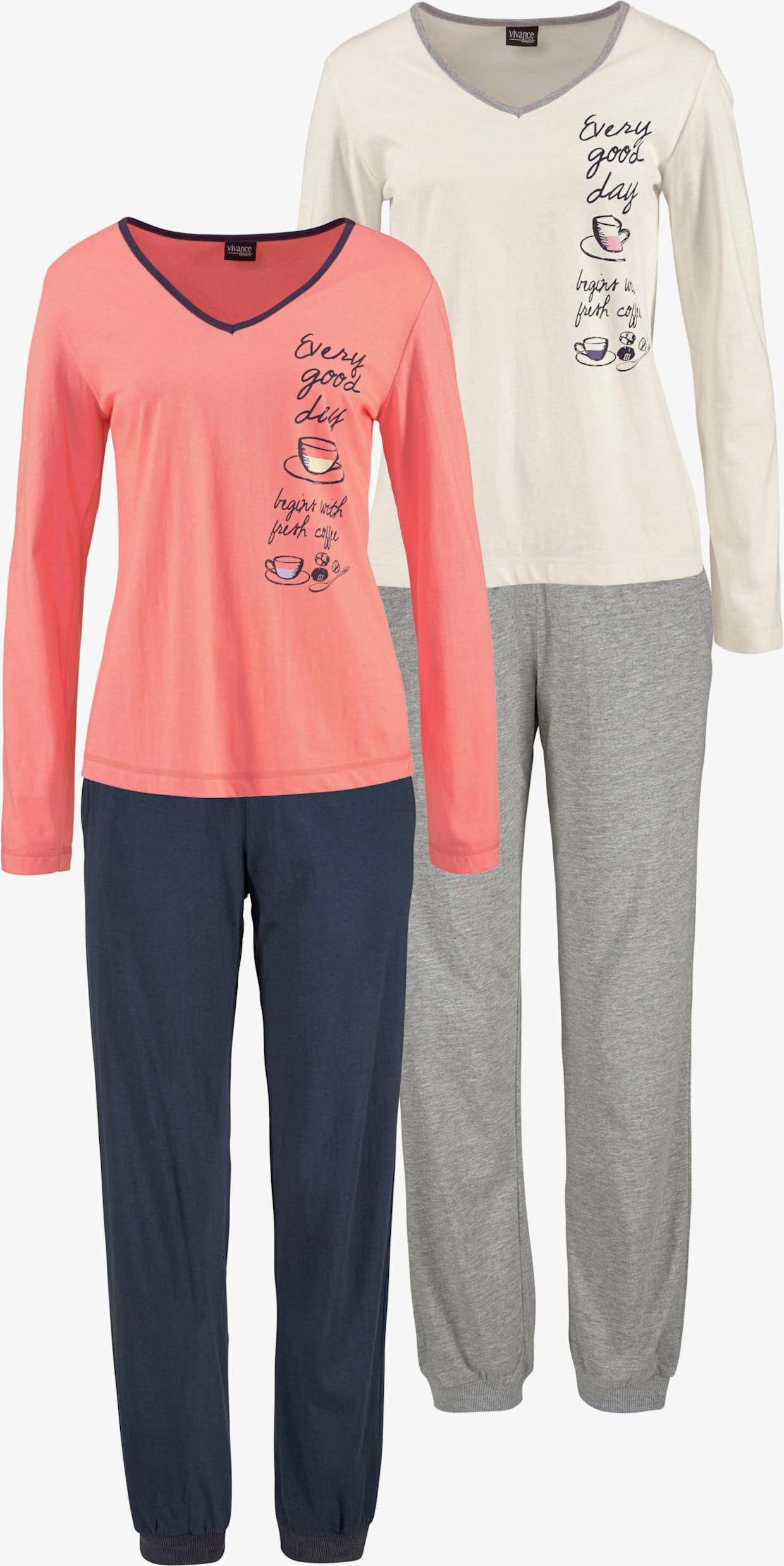 Vivance Dreams Pyjama - ecru-grau-meliert, koralle-marine