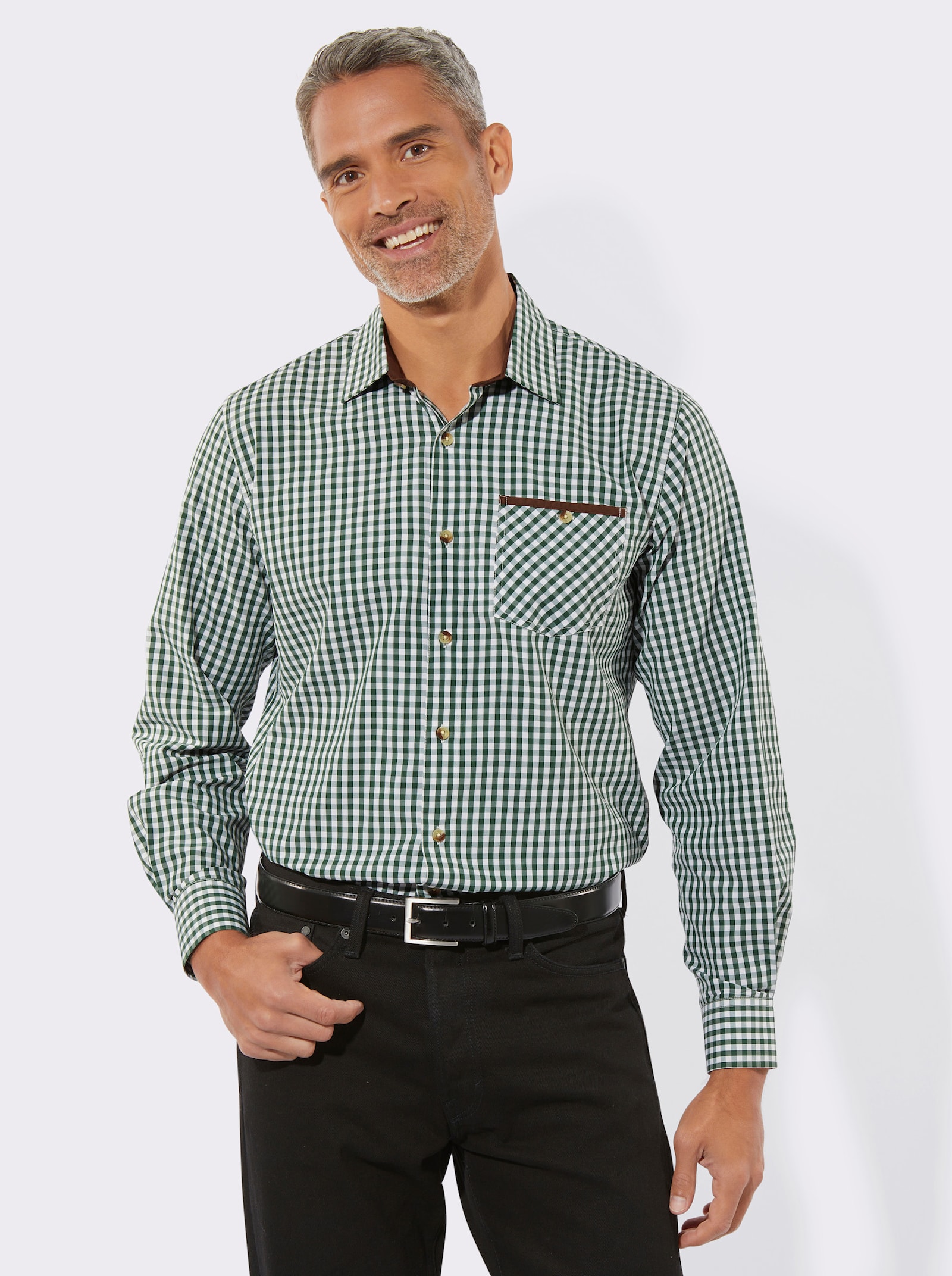 Karohemd mit Knöpfen in Horn-Optik - moos-kariert