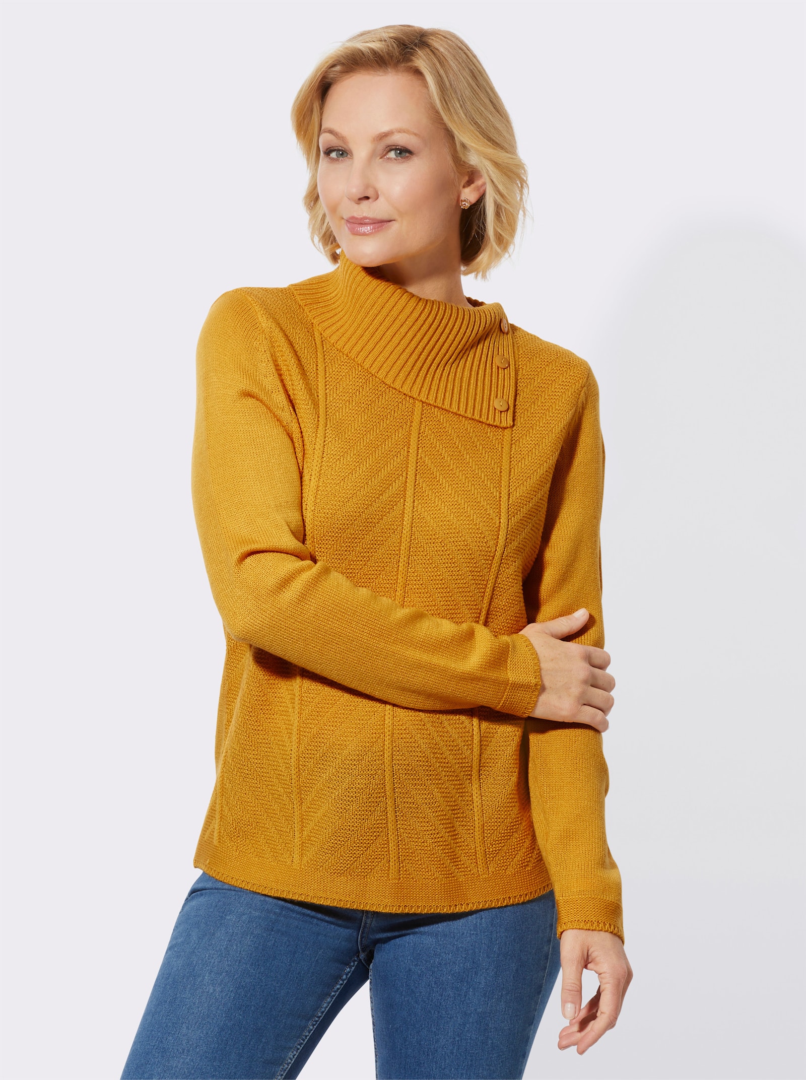 Gebreide pullover met sierknopen op de kraag - oker