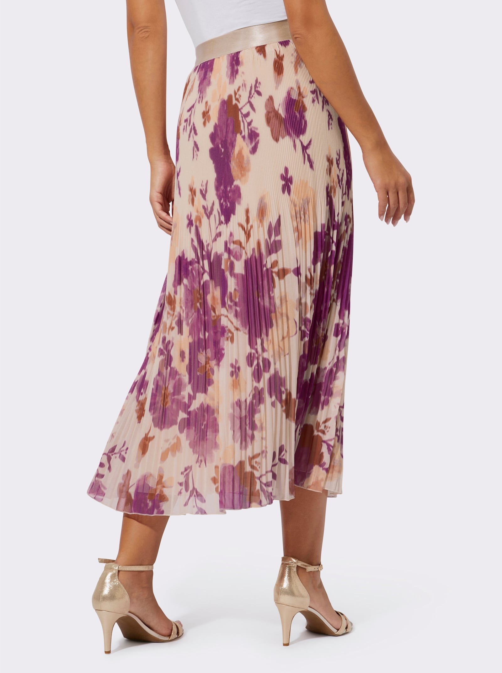Plisseerock mit Viskose-Futter - elfenbein-fuchsia-bedruckt