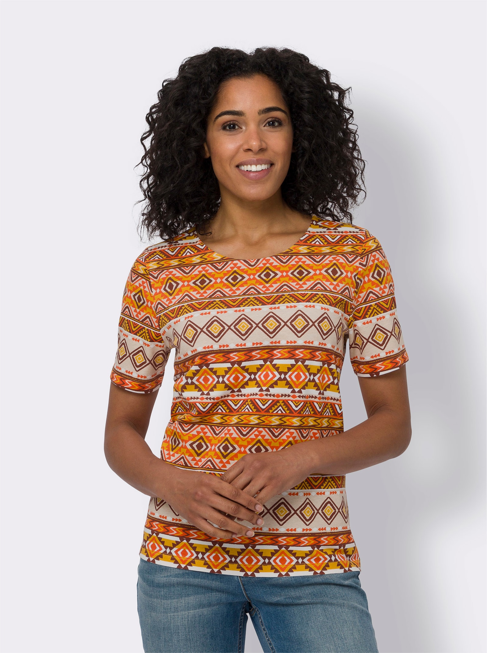 Tričko, krátke rukávy, etno vzor, bavlna - Oranžovo-červenohnedá potlač