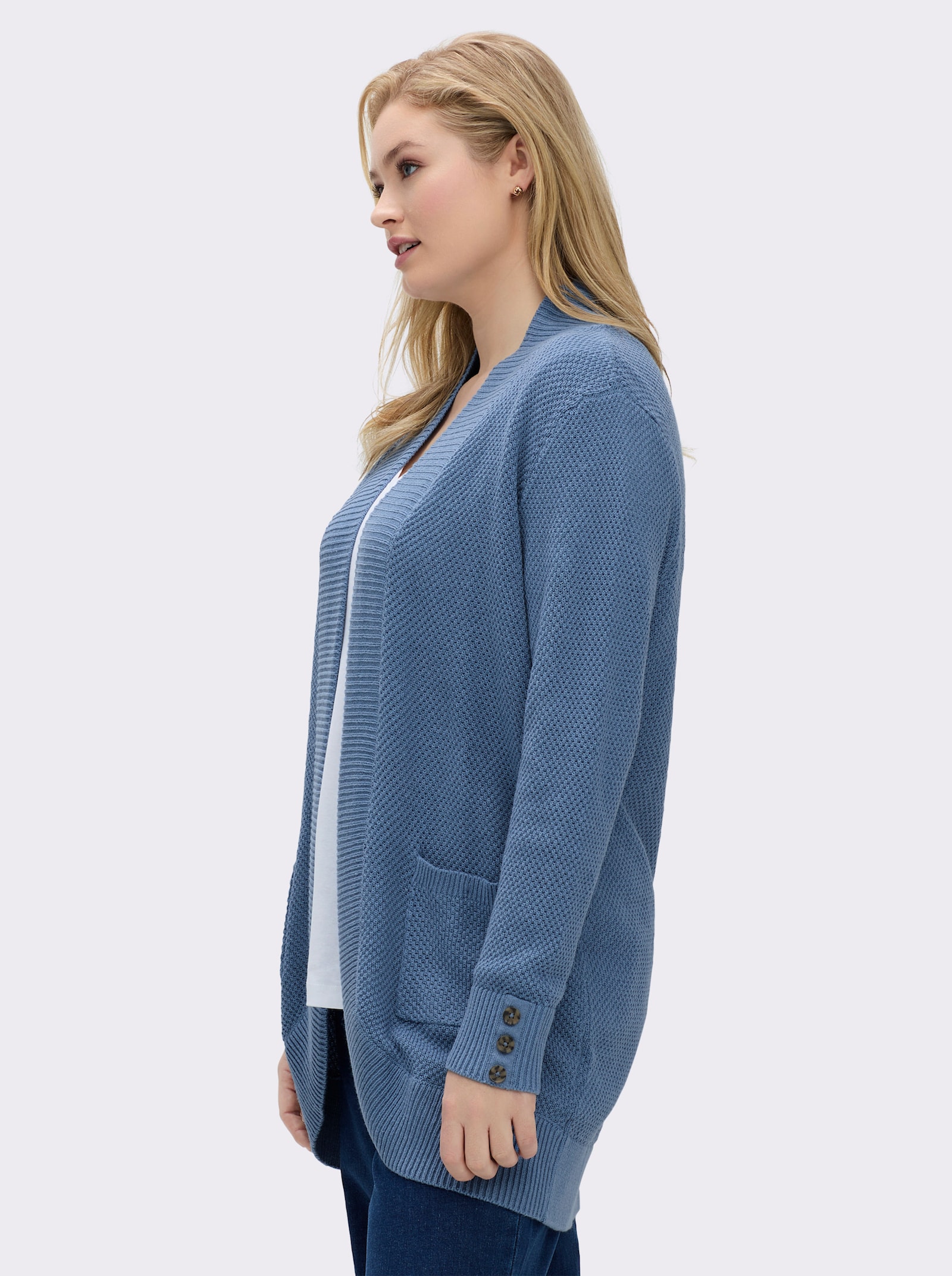 Longstrickjacke mit Struktur-Muster - mittelblau