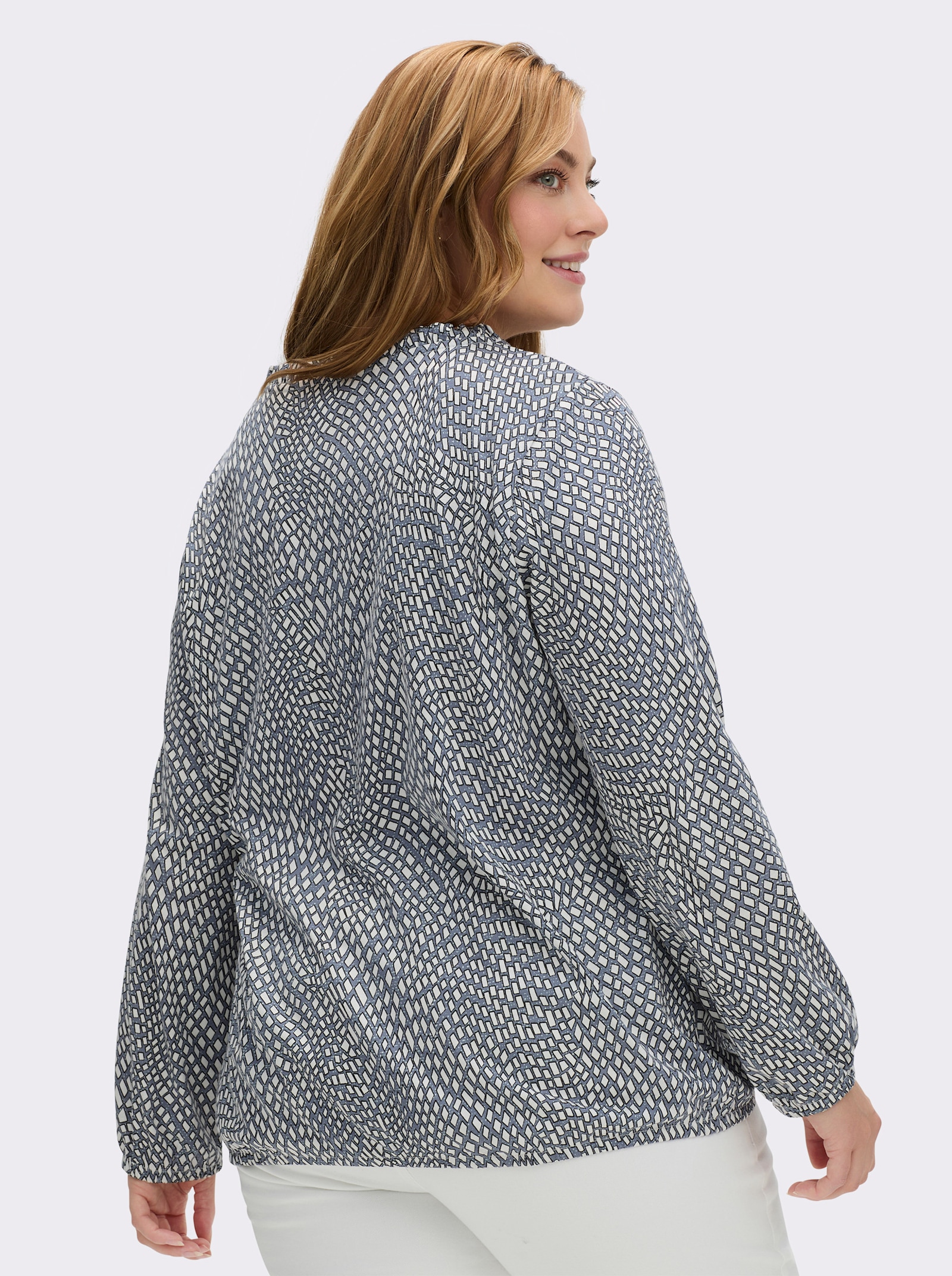 Langarmshirt im Material-Mix - rauchblau-ecru-bedruckt