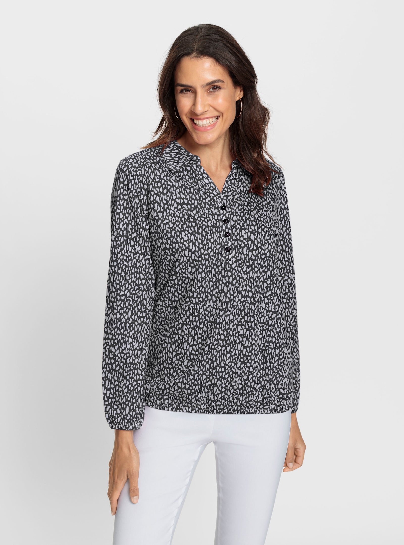 Langarmshirt mit Gummibündchen, bedruckt - schwarz-weiß-bedruckt