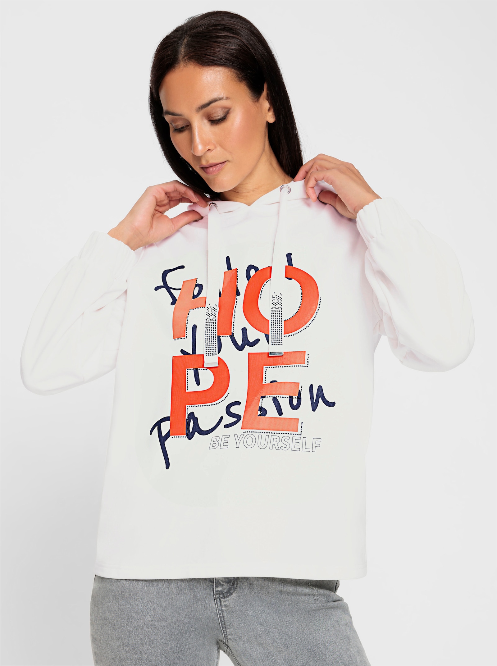 heine Sweatshirt mit Schriftzug - ecru-orange-bedruckt