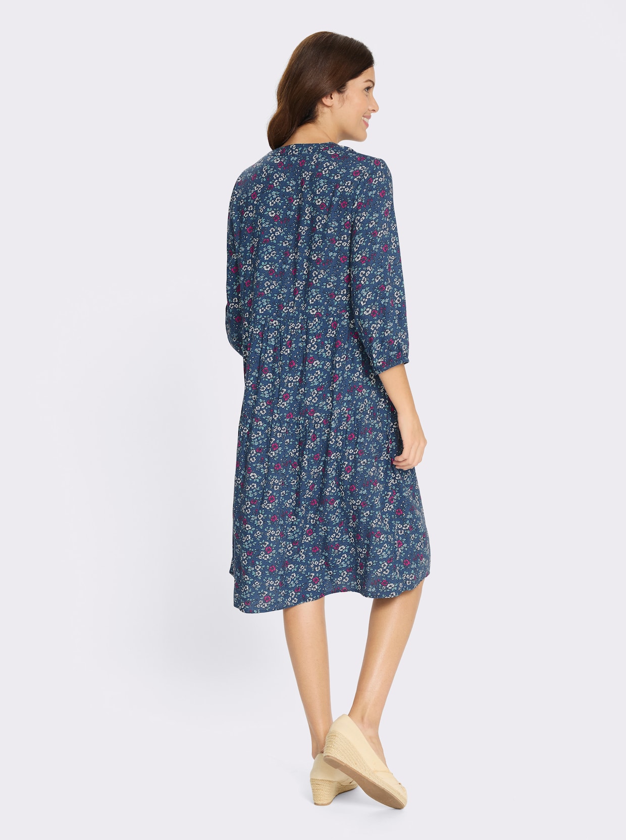 Stufenkleid mit 3/4-Ärmeln - jeansblau-fuchsia-bedruckt