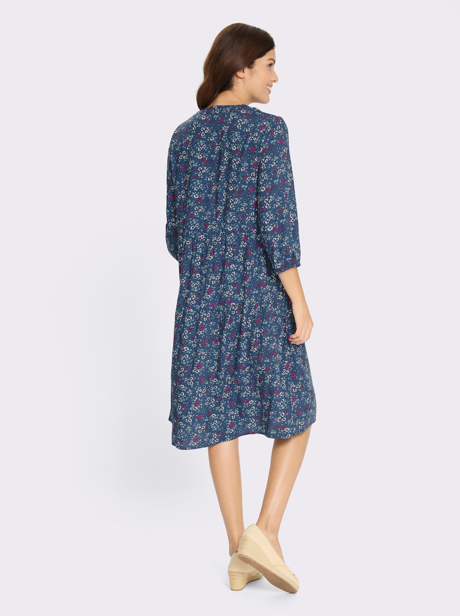 Stufenkleid mit 3/4-Ärmeln - jeansblau-fuchsia-bedruckt