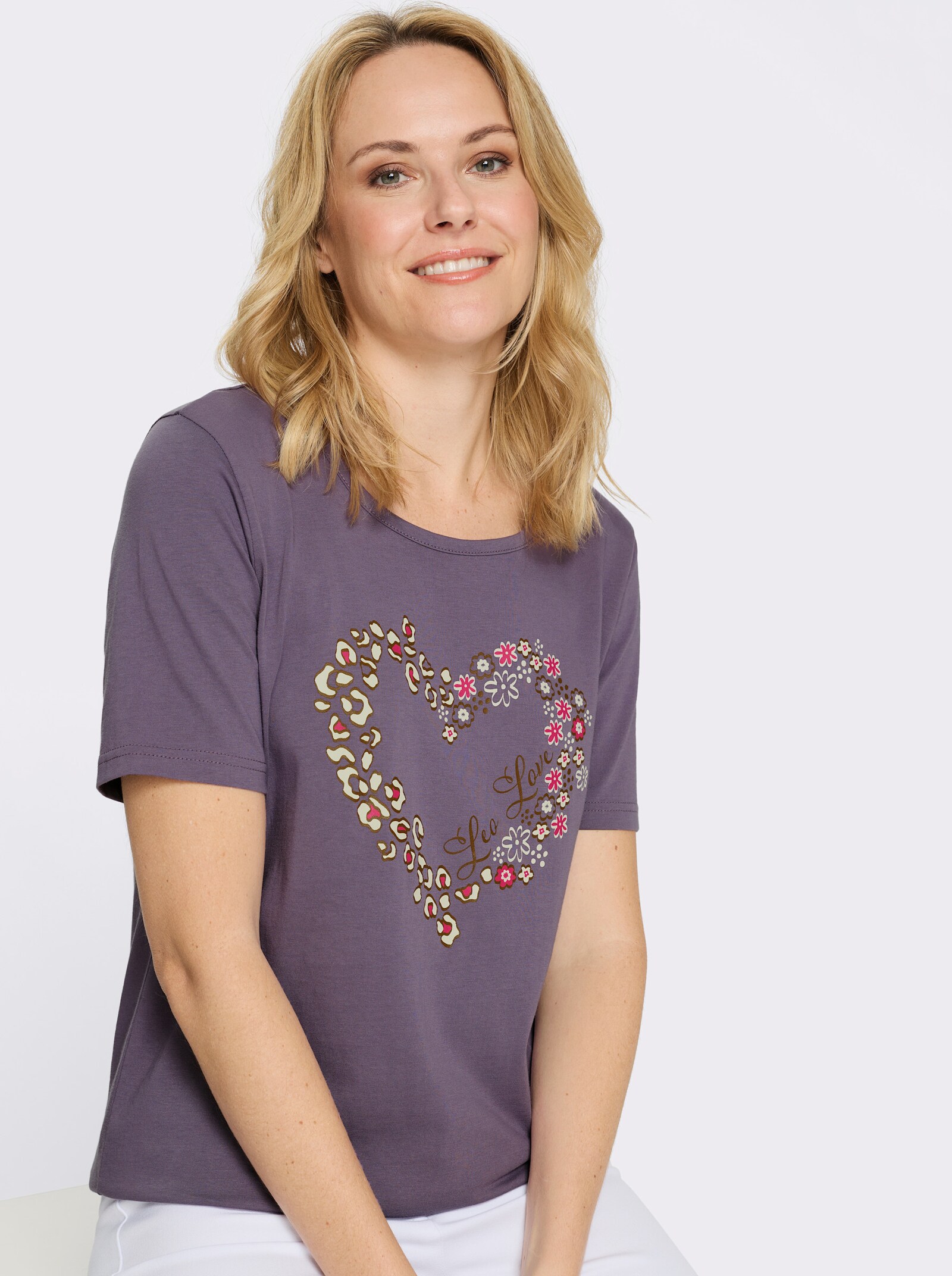 Tričko s kulatým výstřihem se srdíčkovým potiskem - fíková-hnědá-potisk