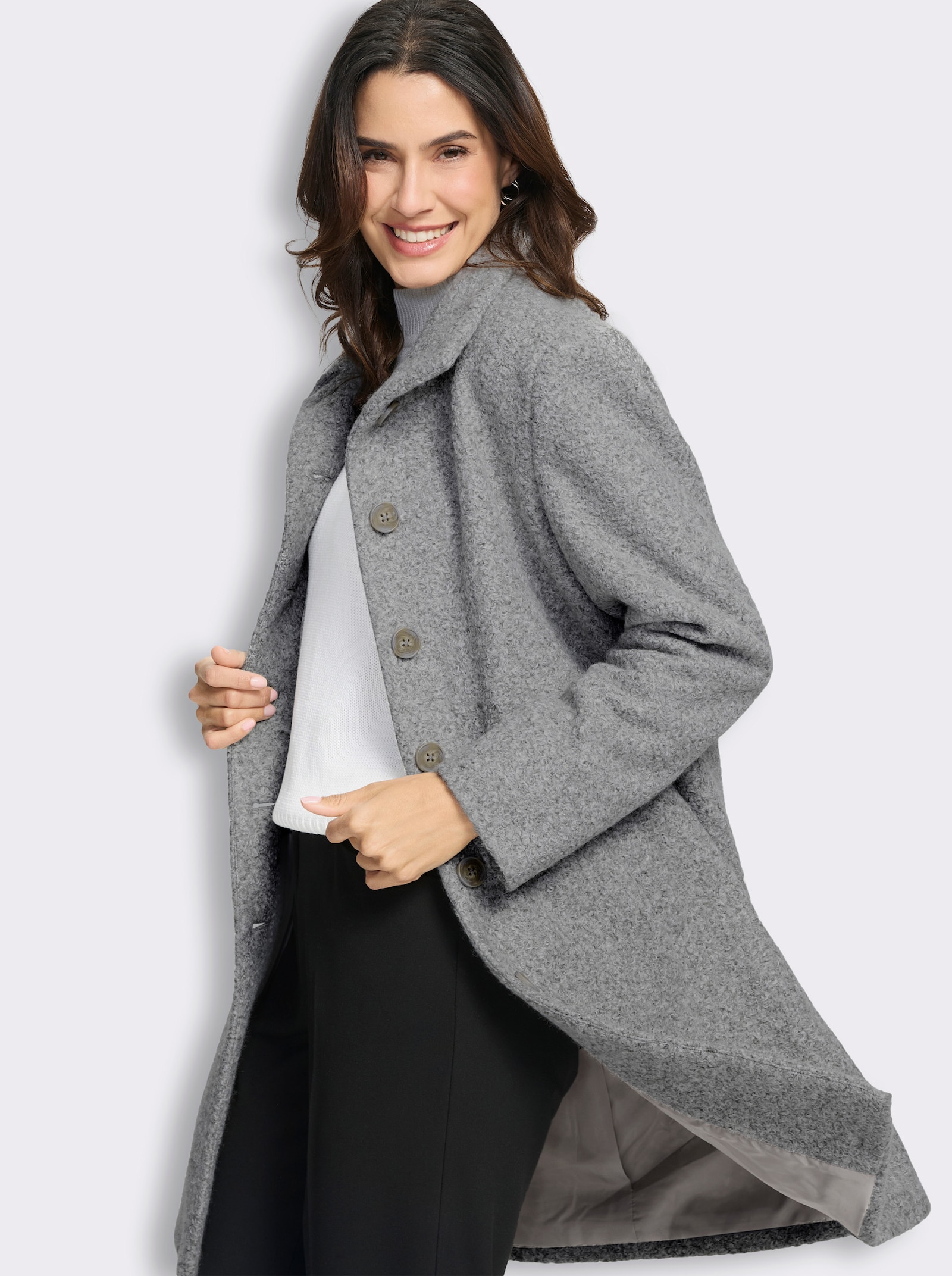 Kurzmantel aus flauschigem Bouclé - grau-meliert
