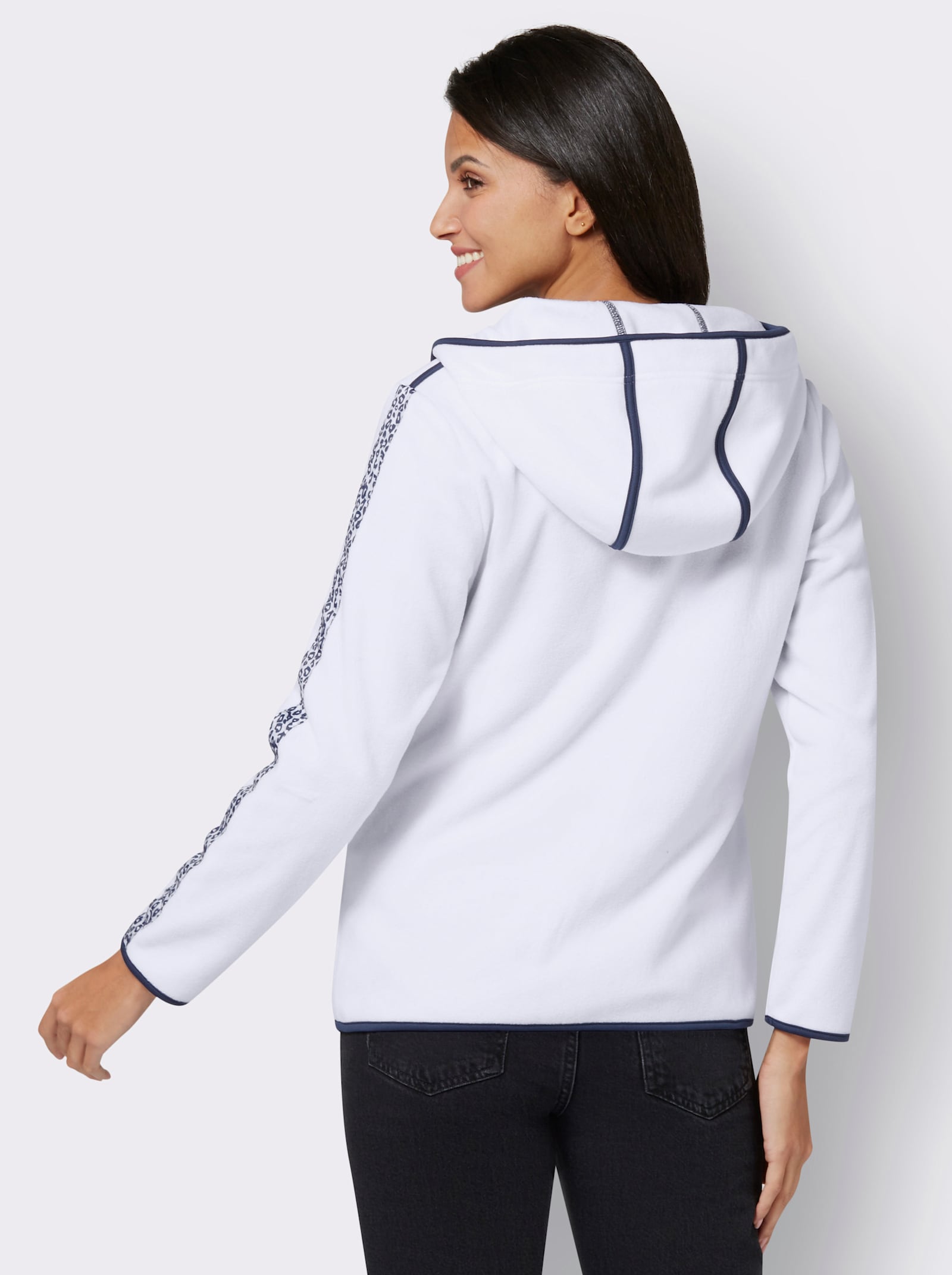 Fleecová bunda se vzorovaným ozdobným páskem - ecru-námořnická modrá