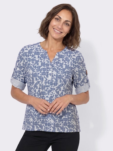 Blusenshirt mit kurzer Knopfleiste - taubenblau-ecru-bedruckt