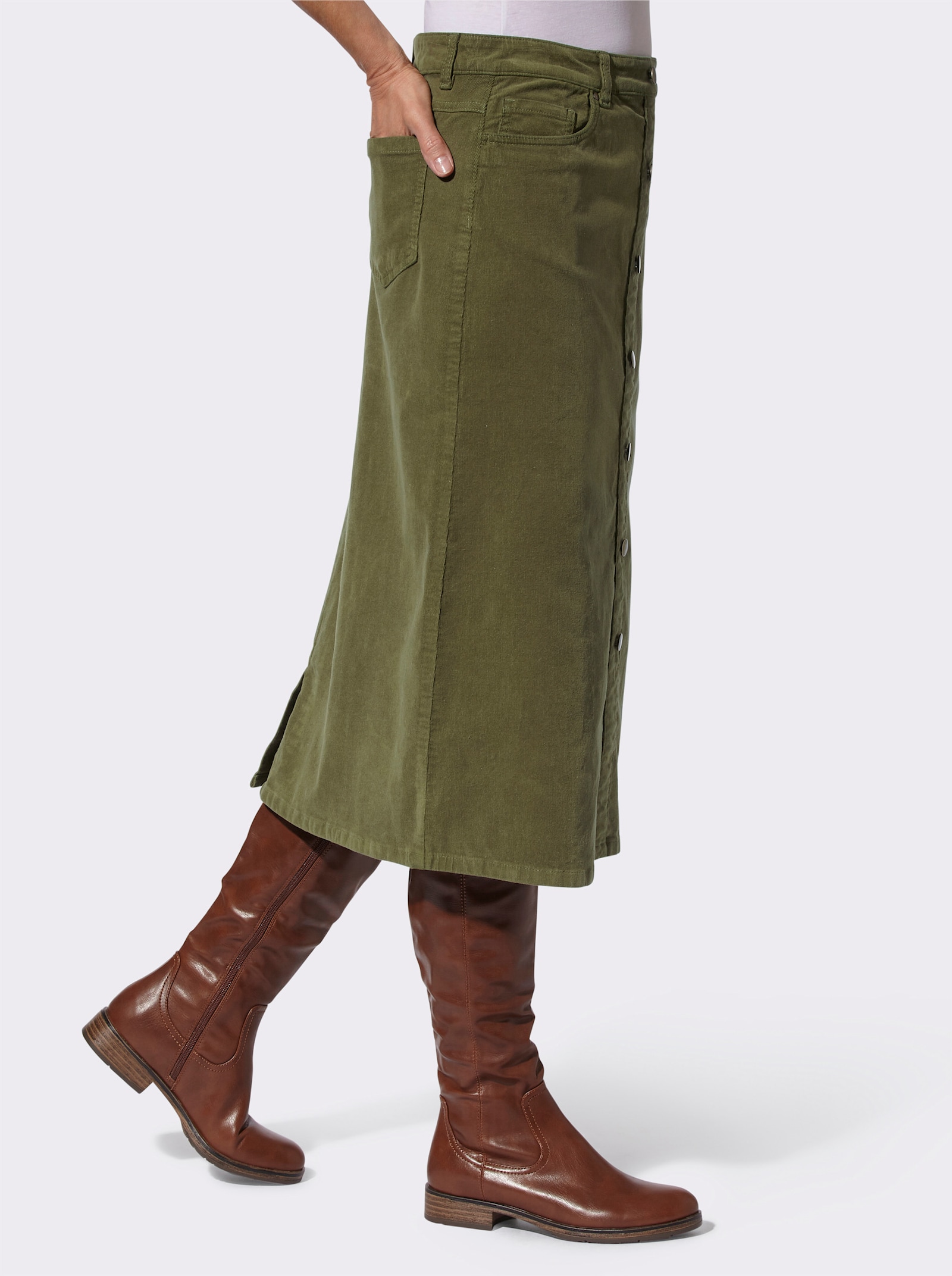 Kordová sukně s ozdobnou knoflíkovou lištou - olivová