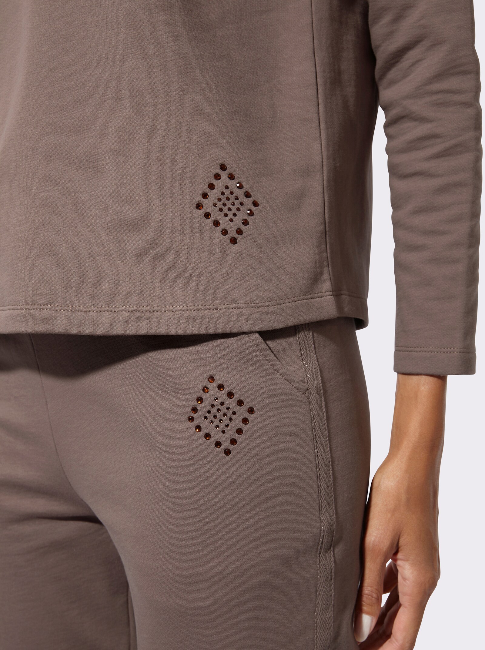 feel good Langarmshirt mit Glitzersteinchen - dunkeltaupe