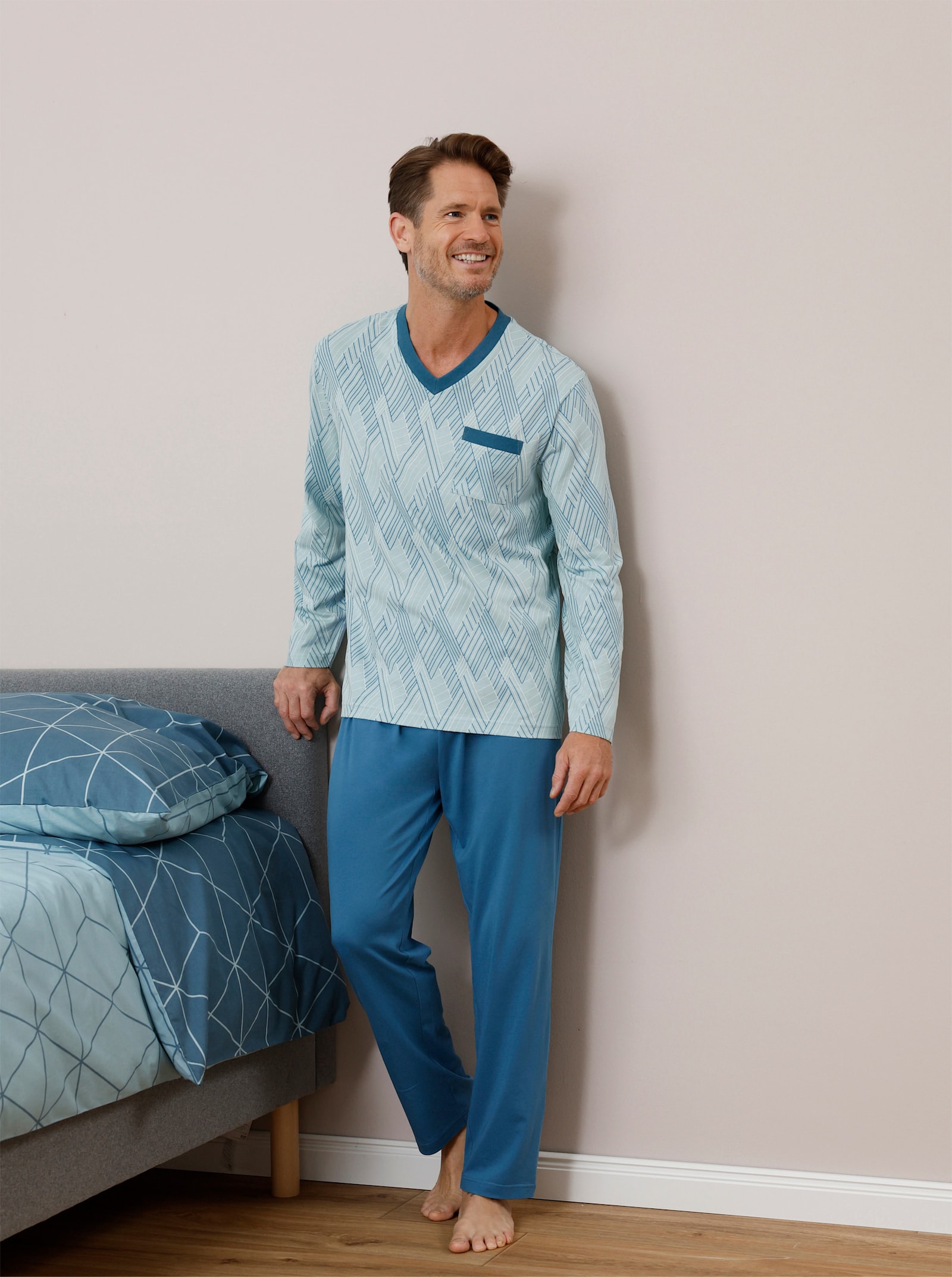 wäschepur men Schlafanzüge - marine-bedruckt + topas-bedruckt