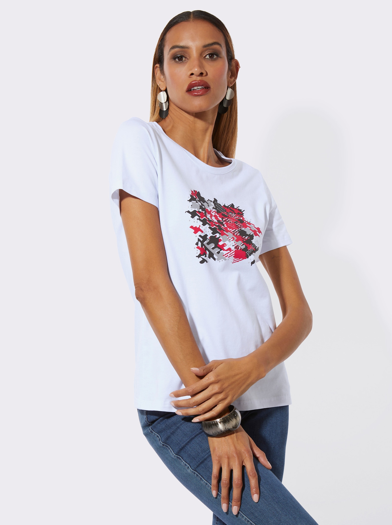 Rundhalsshirt - weiß-rot-bedruckt