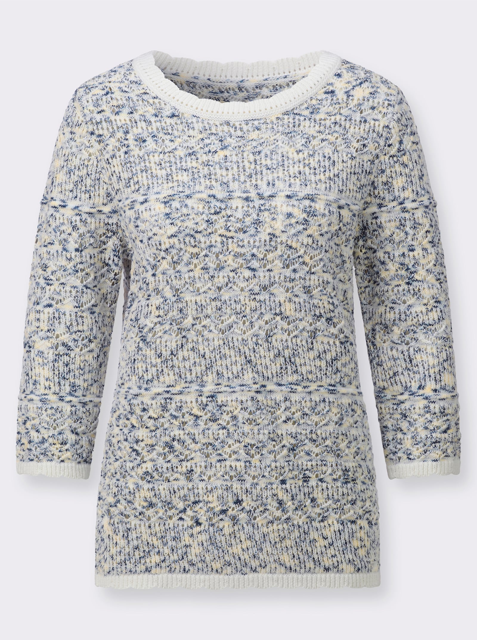 Ajour-Pullover - ecru-rauchblau-gemustert