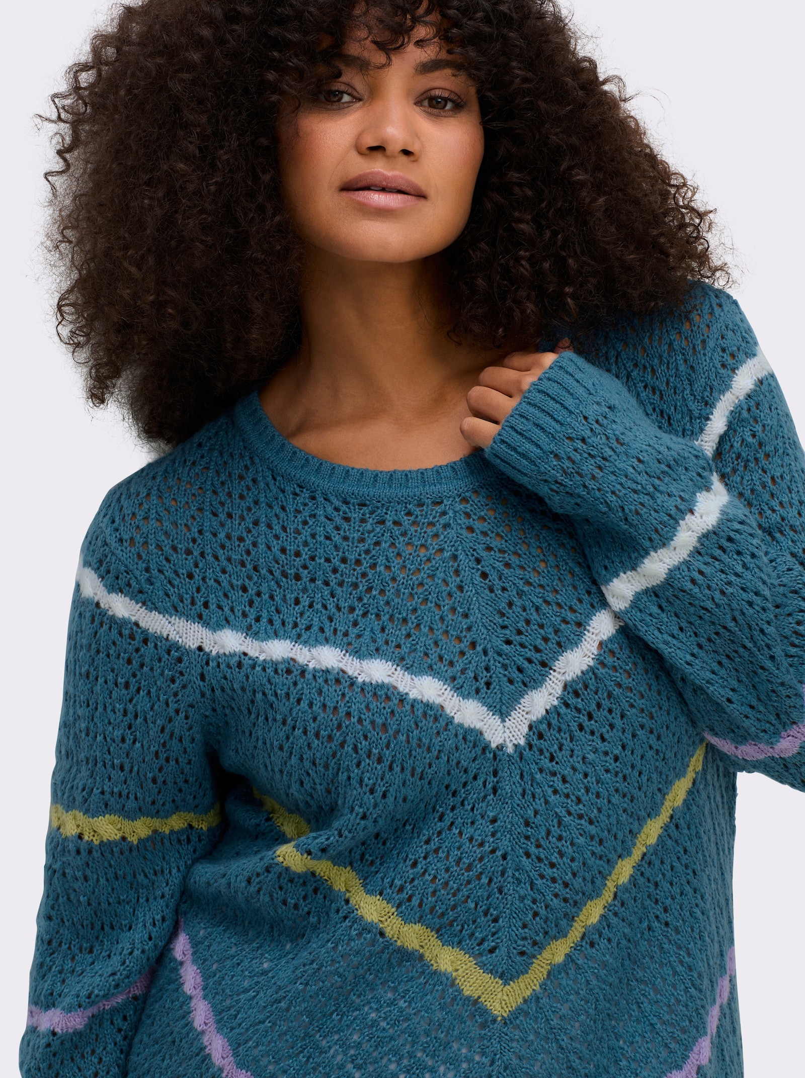 sheego Ajourpullover mit Zopfmuster-Streifen - topas-gemustert
