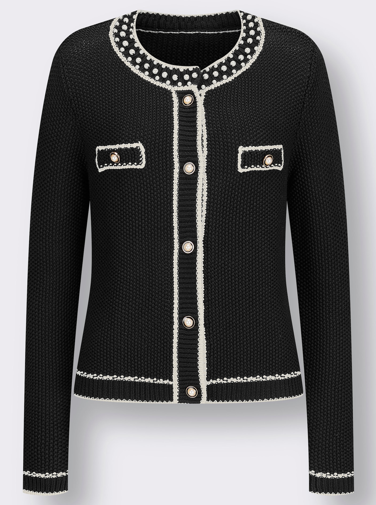 Feinstrickjacke mit Zierperlen, gestrickt - schwarz-champagner-gemustert