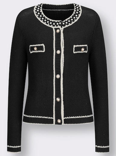 Feinstrickjacke mit Zierperlen, gestrickt - schwarz-champagner-gemustert