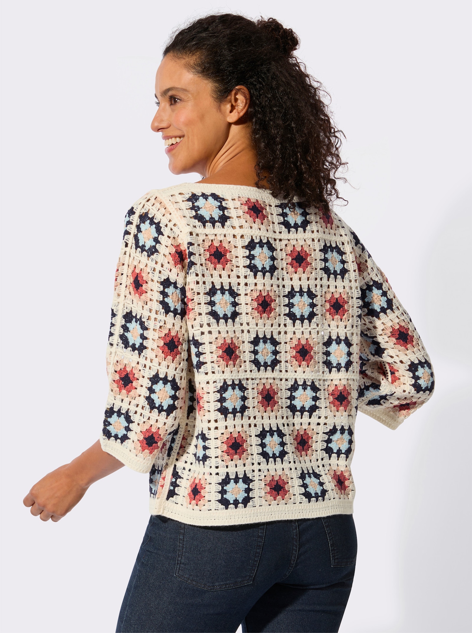 Pullover in Häkel-Optik - ecru-koralle-gemustert