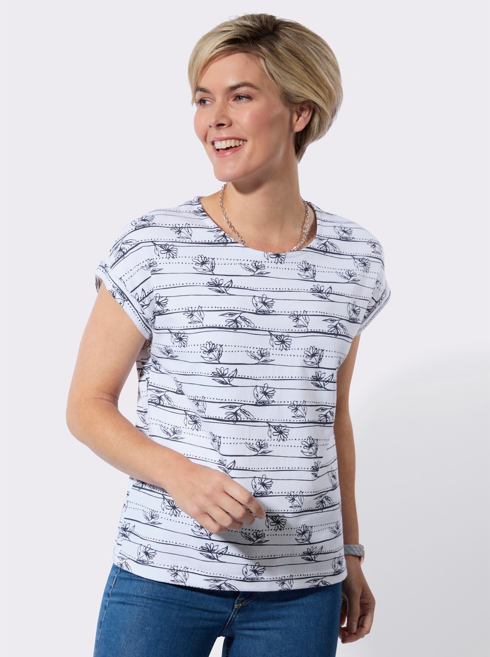 Shirt mit überschnittenen Schultern - weiß-marine-bedruckt