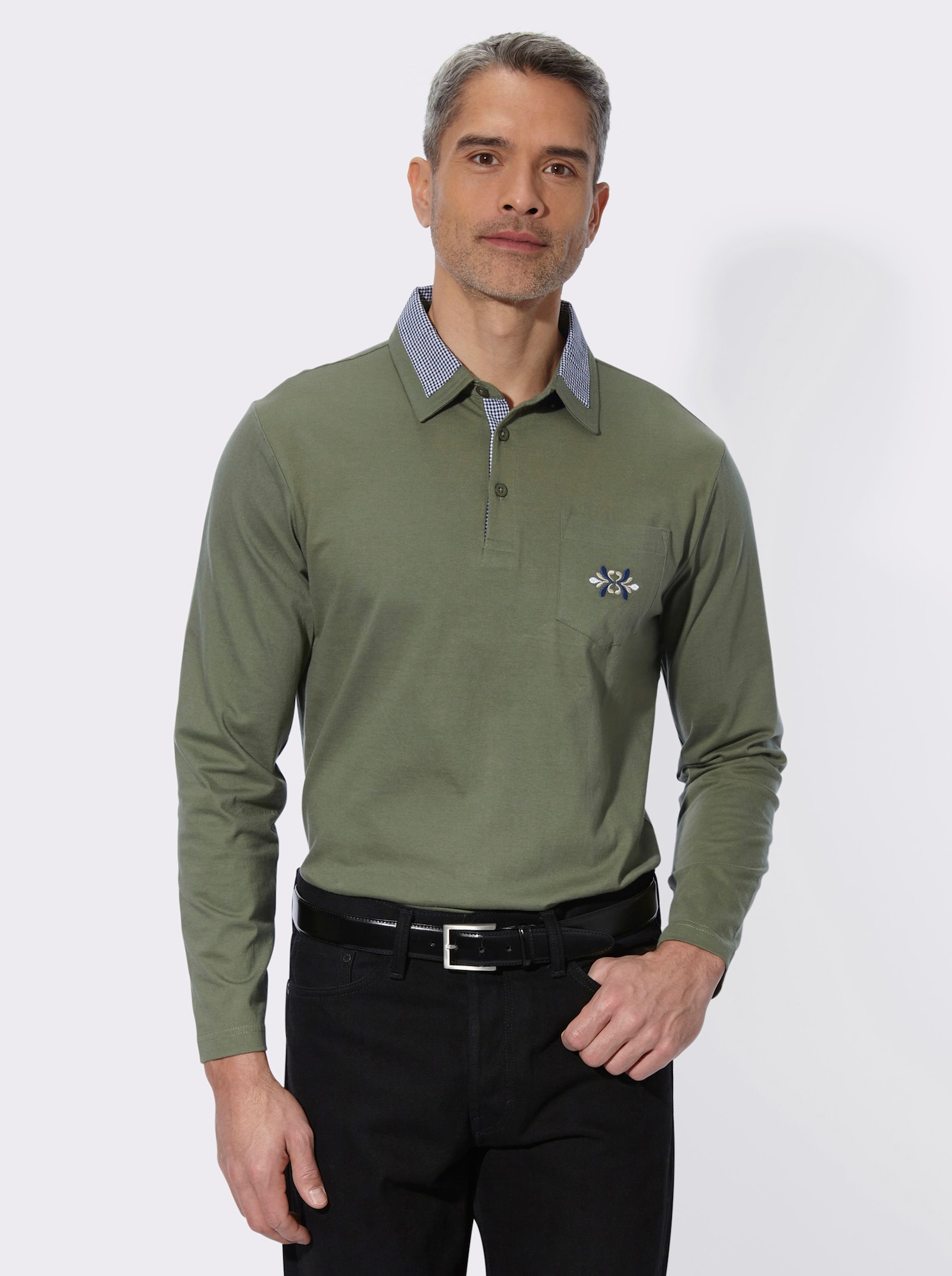 Langarm-Poloshirt mit Webkaro-Details - khaki