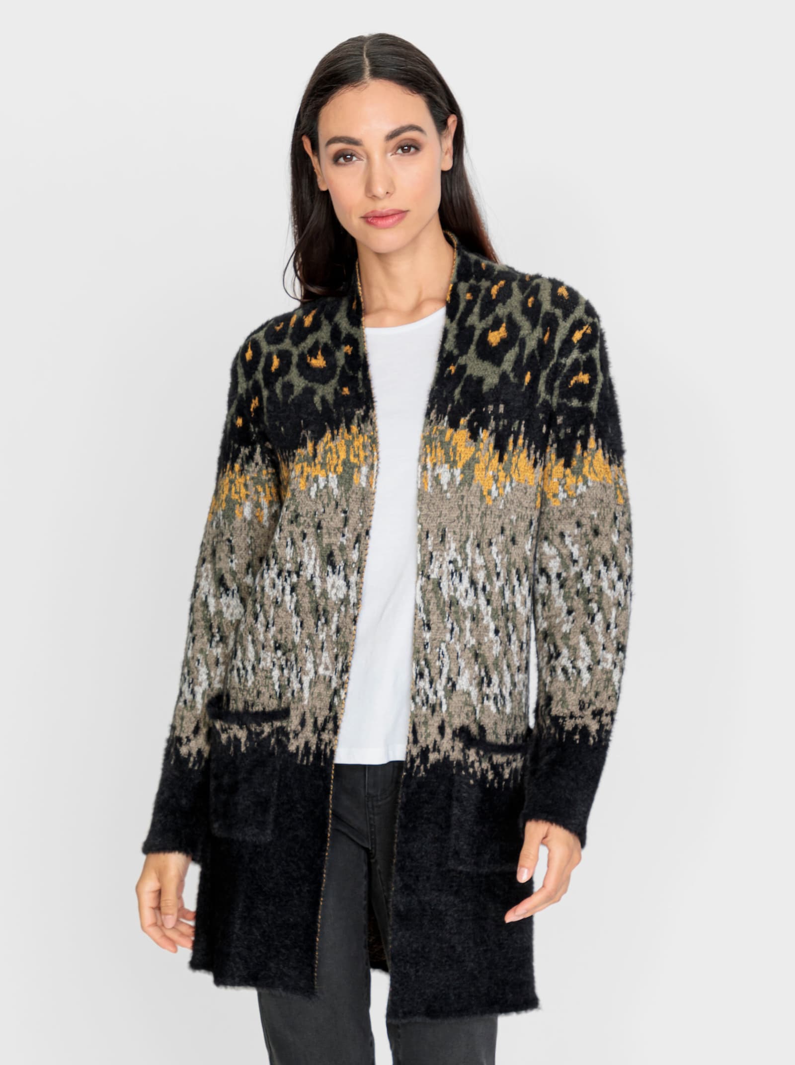 heine Vest van jacquard met pluisgaren - zwart/kaki gedessineerd