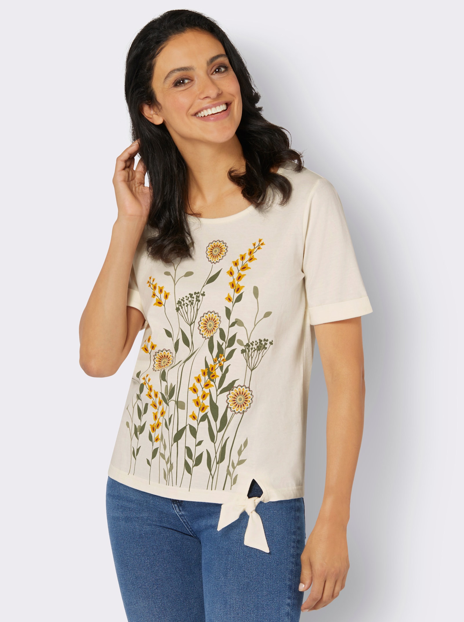 Kurzarmshirt mit Blüten-Motiv - champagner-khaki-bedruckt