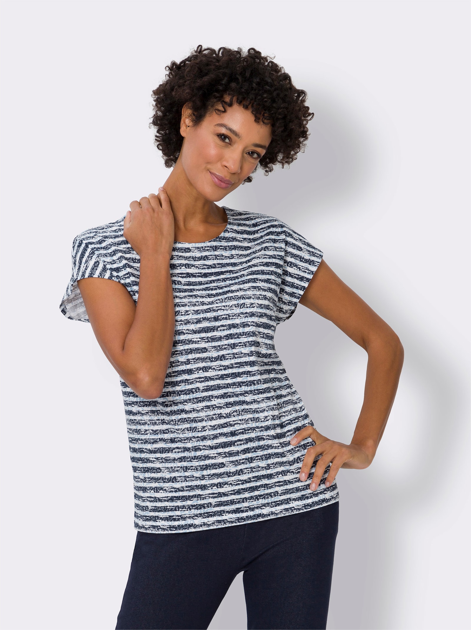 Kurzarmshirt im Ringel-Dessin - marine-ecru-geringelt