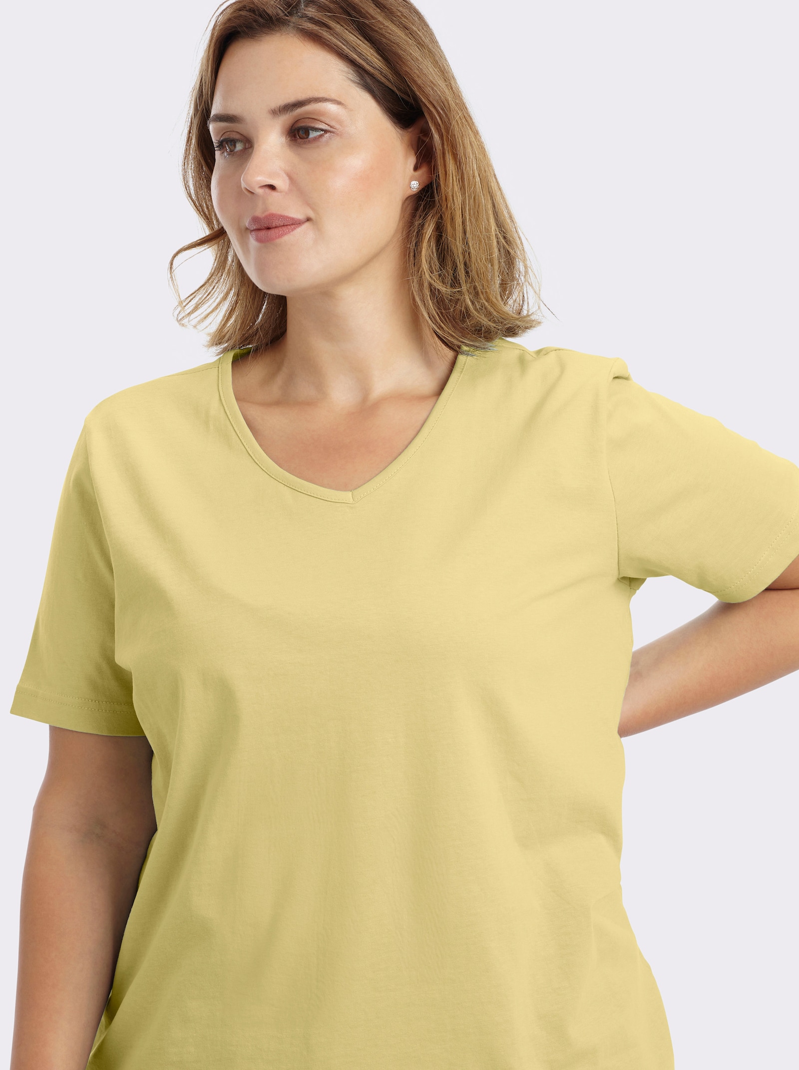 Kurzarmshirt mit V-Ausschnitt - vanillegelb