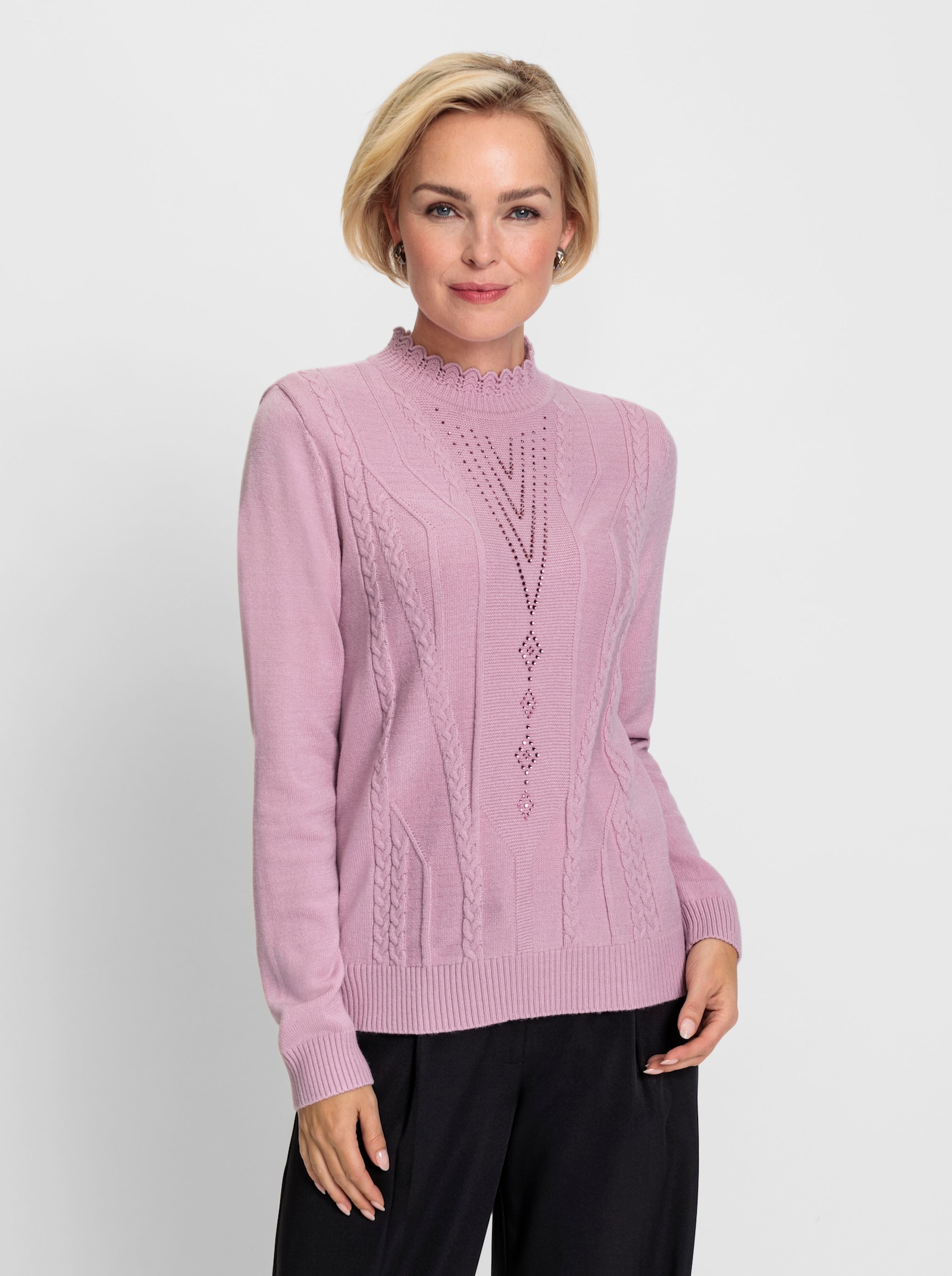 Stehkragenpullover mit Glitzersteinchen - rosé
