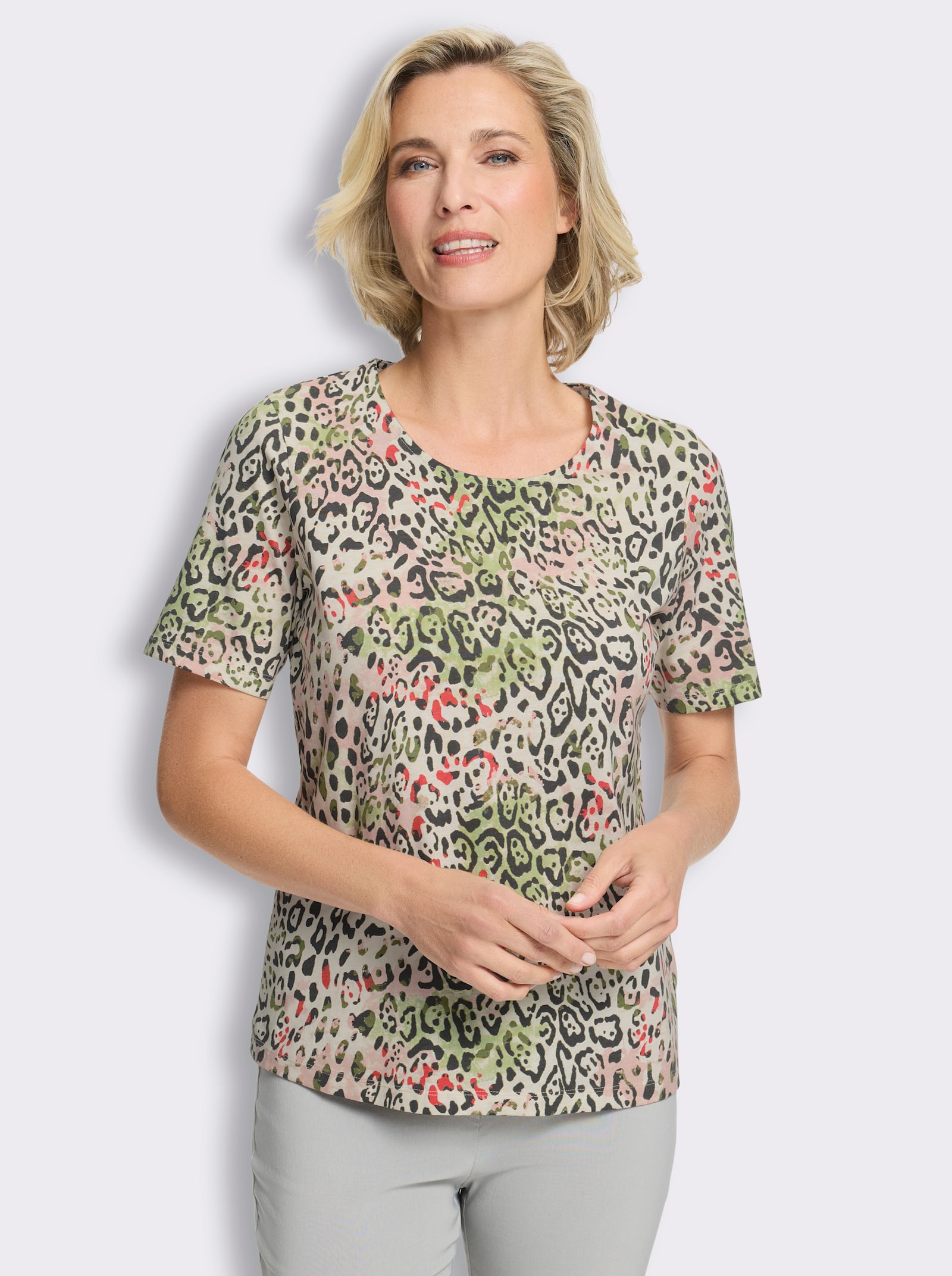 Kurzarmshirt mit Animal-Print - champagner-anthrazit-bedruckt