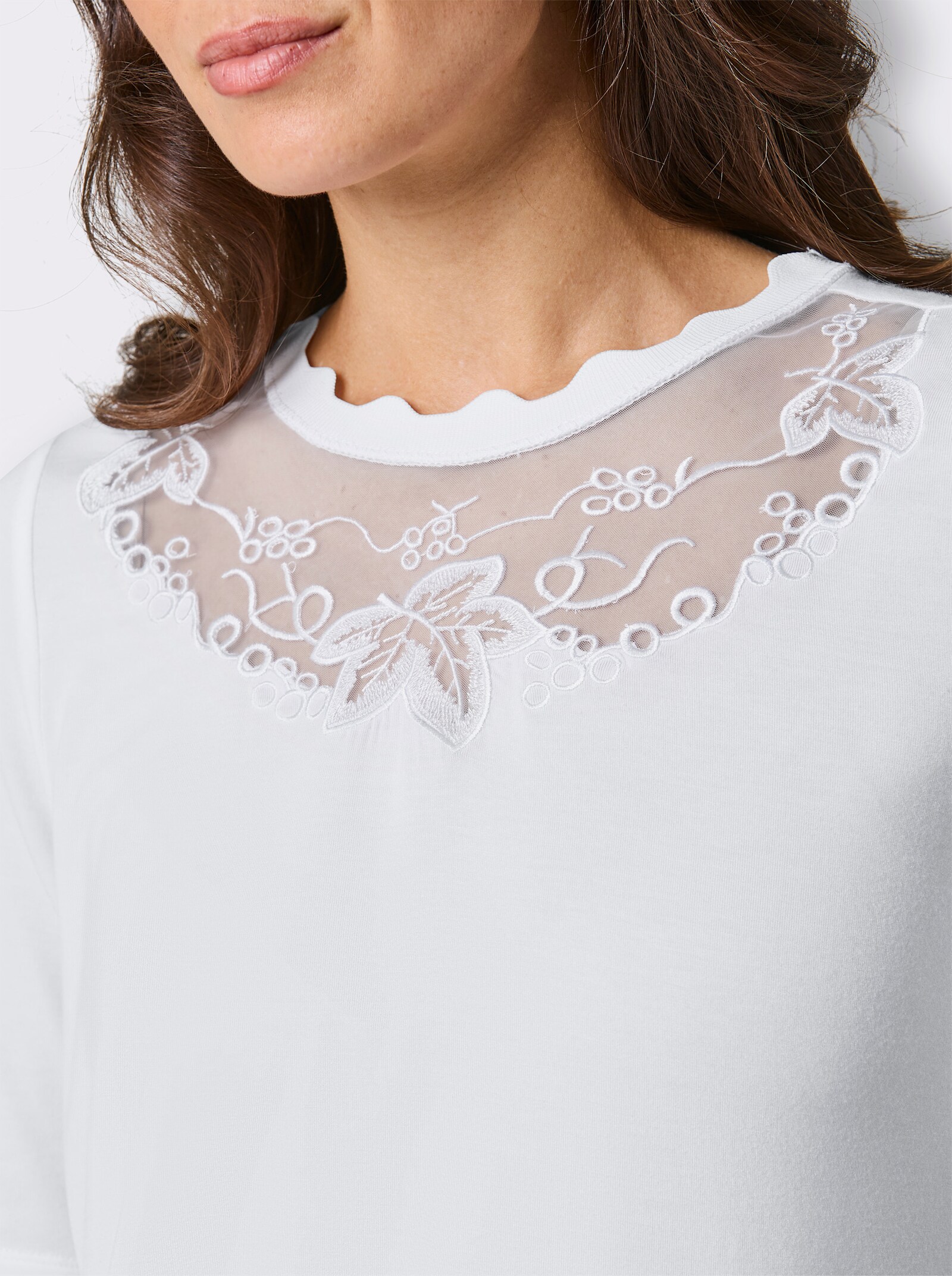CREATION L PREMIUM Kurzarmshirt mit besticktem Mesh-Einsatz - weiß