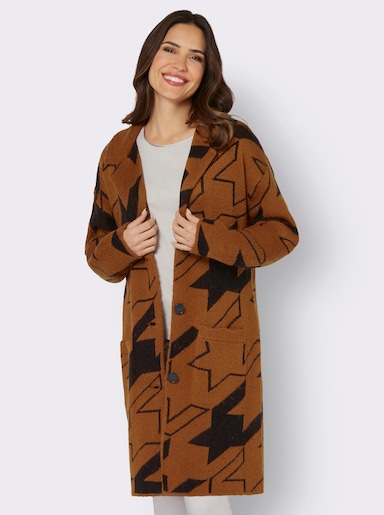Strickmantel mit Hahnentritt-Muster - cognac-schwarz-gemustert