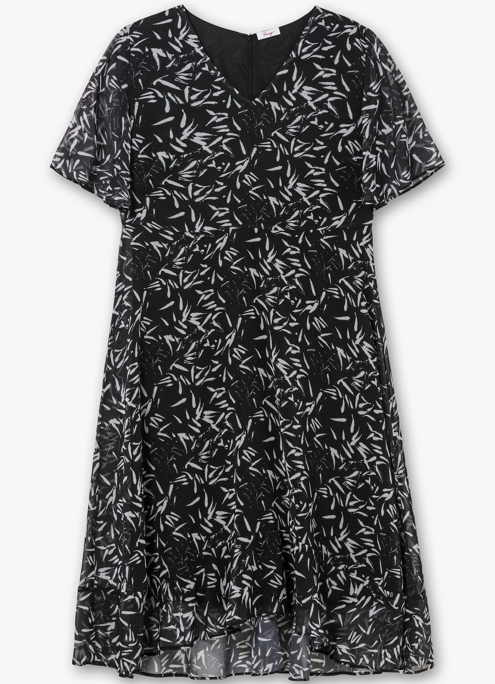 sheego Chiffonkleid mit Blumendruck und Volant am Saum - schwarz-weiss gemustert