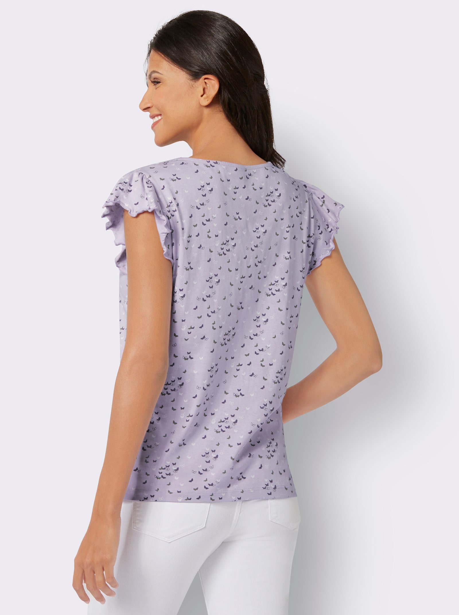 V-Shirt mit Schmetterling-Muster - flieder-feige-bedruckt