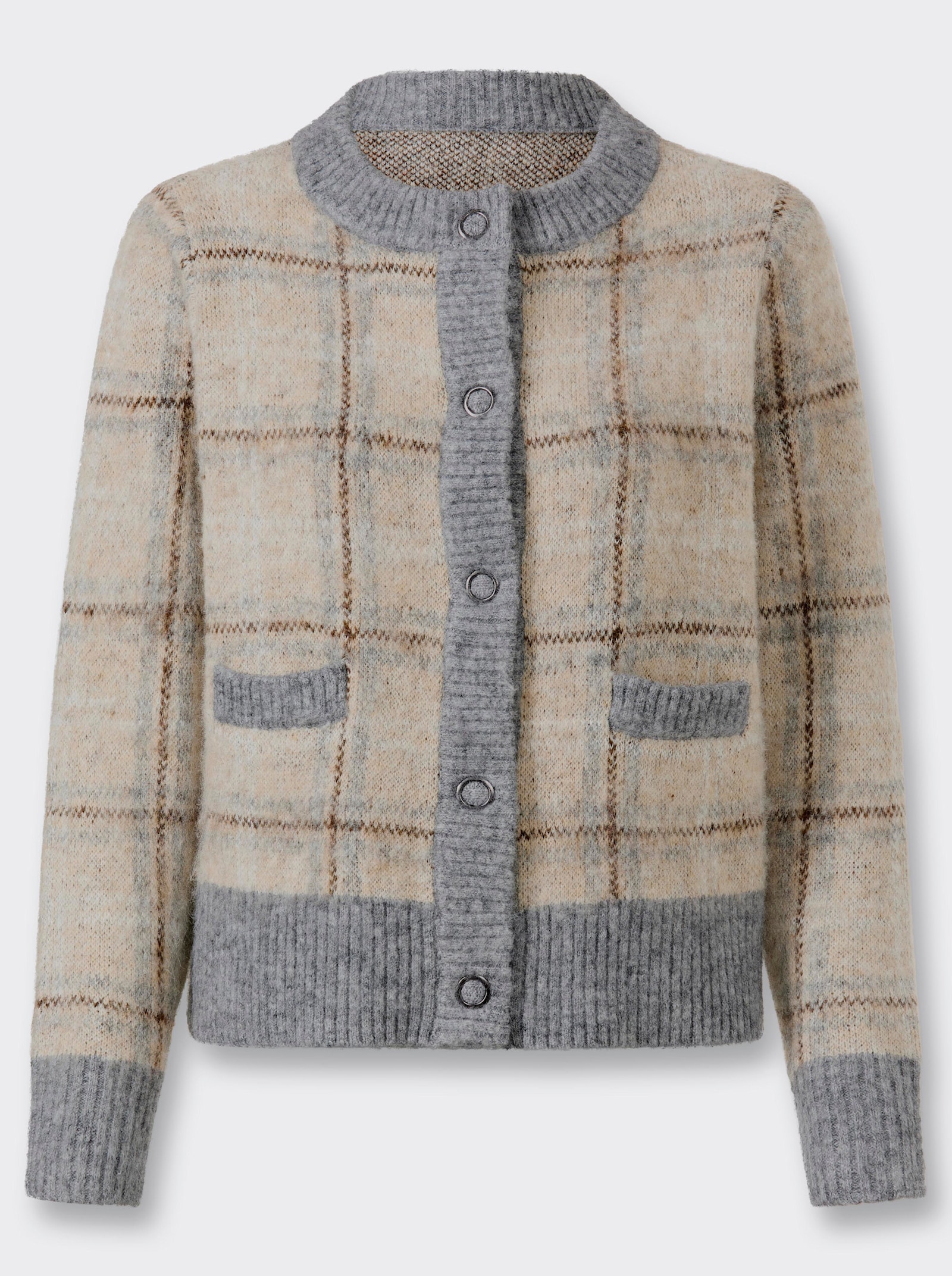 heine Jacquardstrickjacke mit Karo-Dessin - beige-grau-kariert