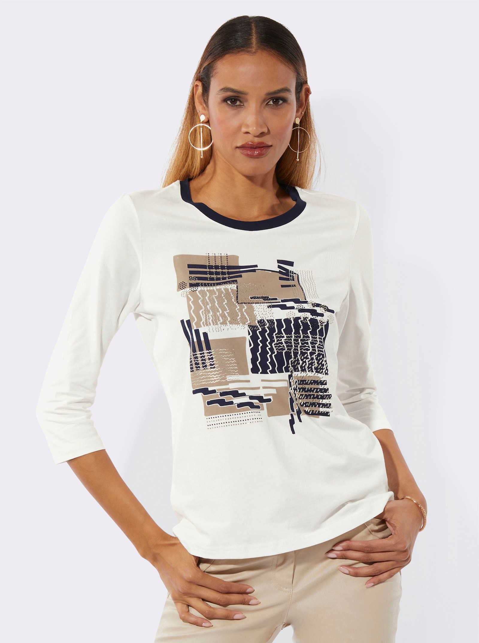 Rundhalsshirt mit platziertem Druck - ecru-marine-bedruckt