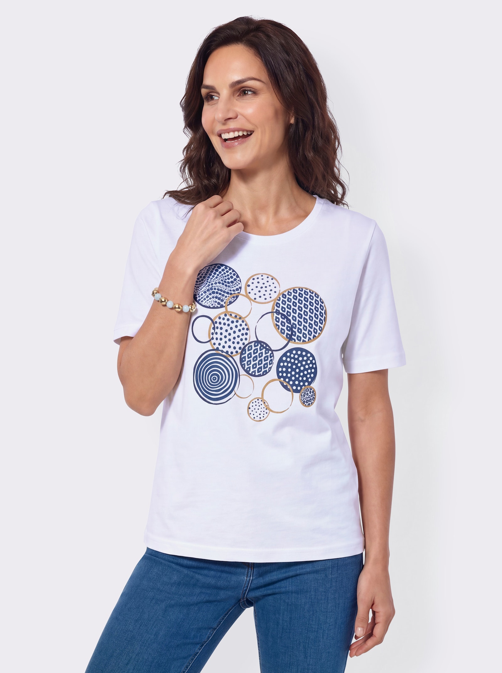 Kurzarmshirt mit platziertem Front-Druck - weiß-jeansblau-bedruckt