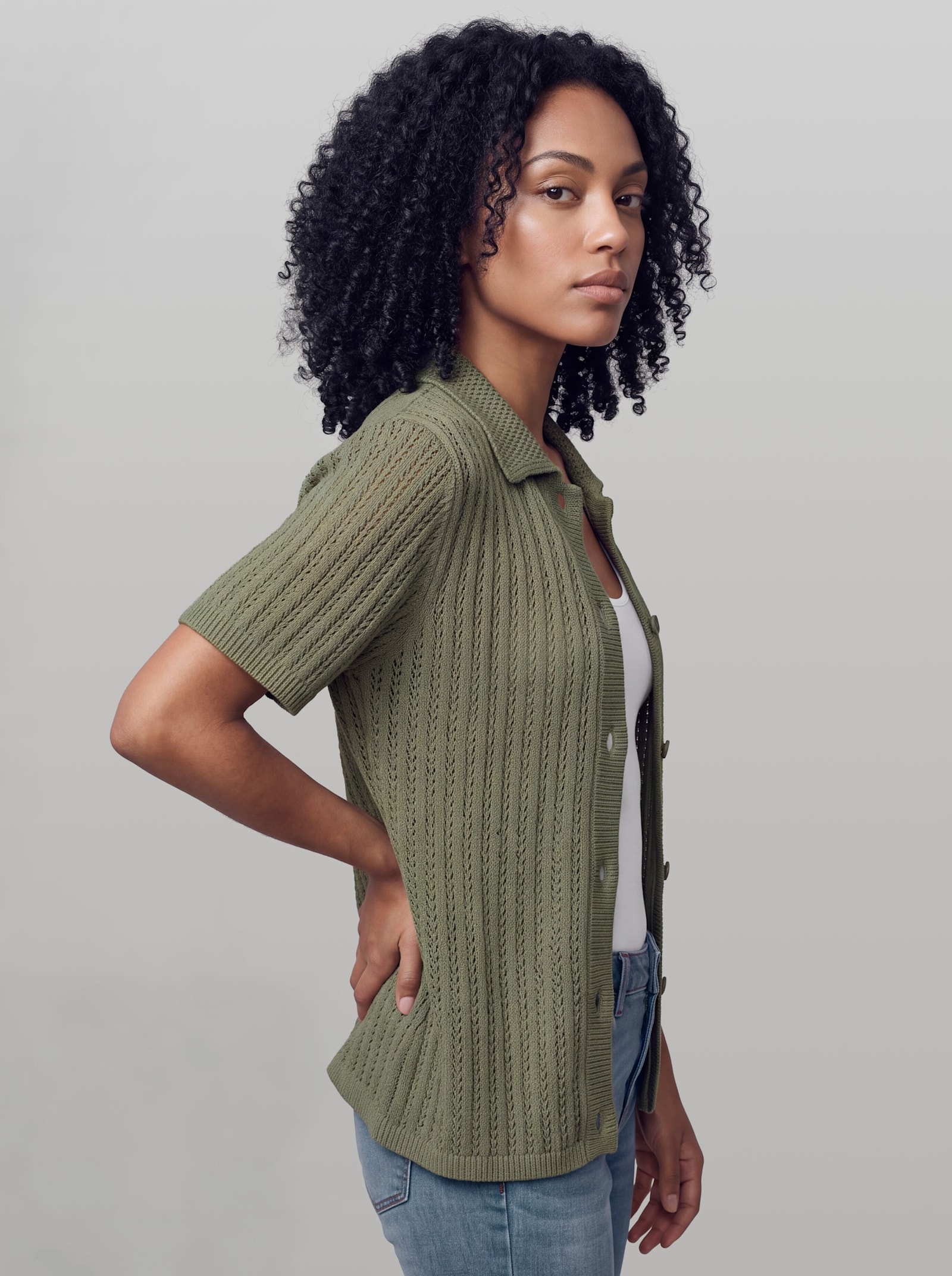 heine Ajourstrickjacke mit Hemdkragen - khaki