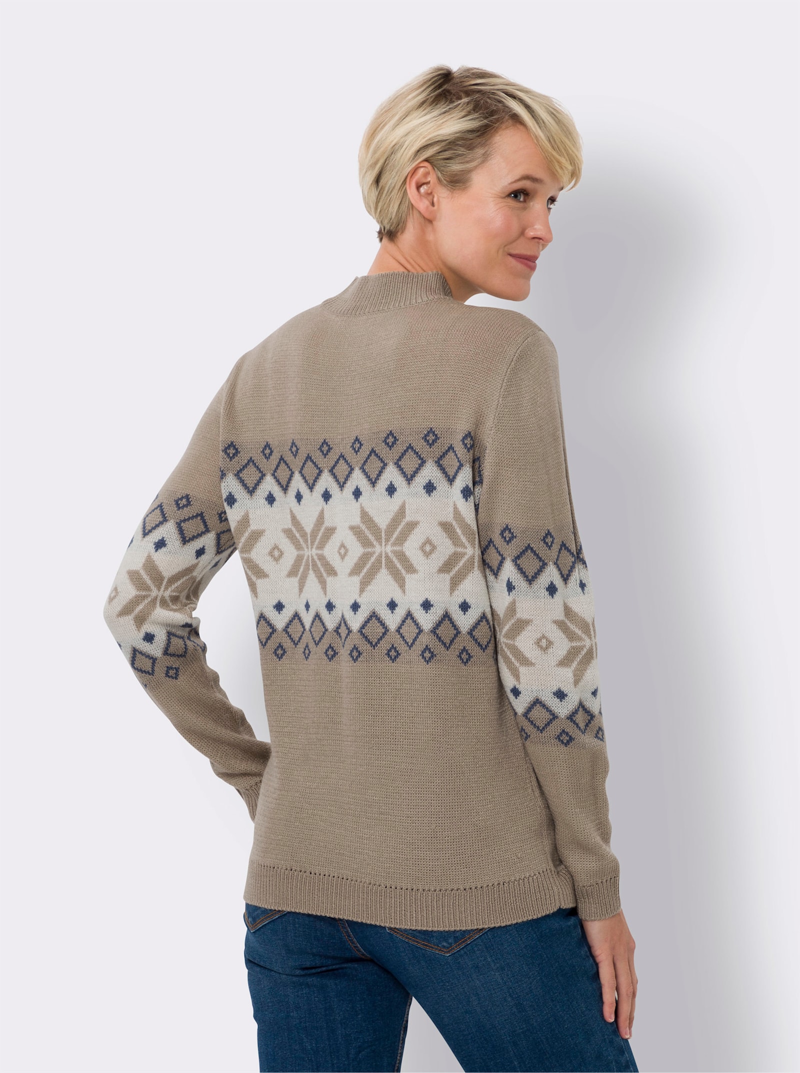 Stehkragenpullover mit Norweger-Muster - sesam-champagner-gemustert