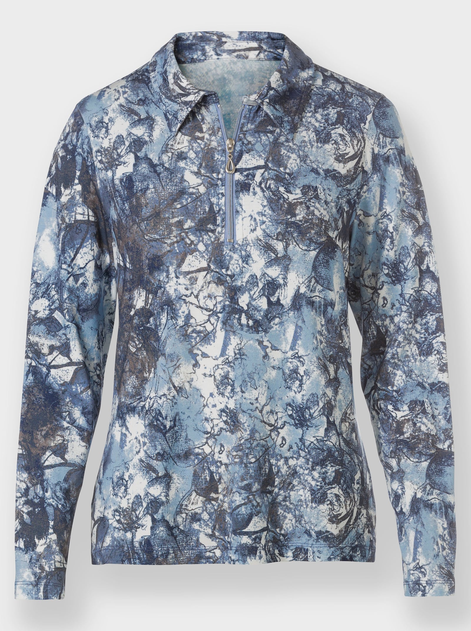 Poloshirt mit Reißverschluss - eisblau-marine-bedruckt