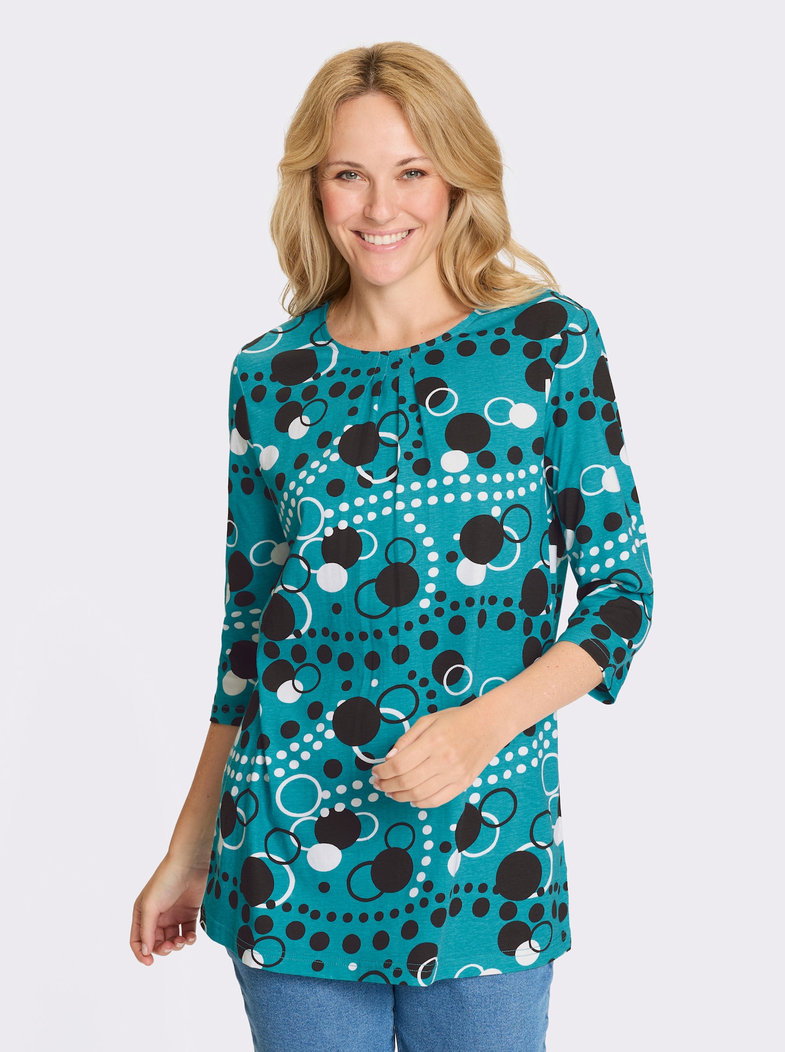 Longshirt in leicht ausgestellter Form - türkis-schwarz-bedruckt