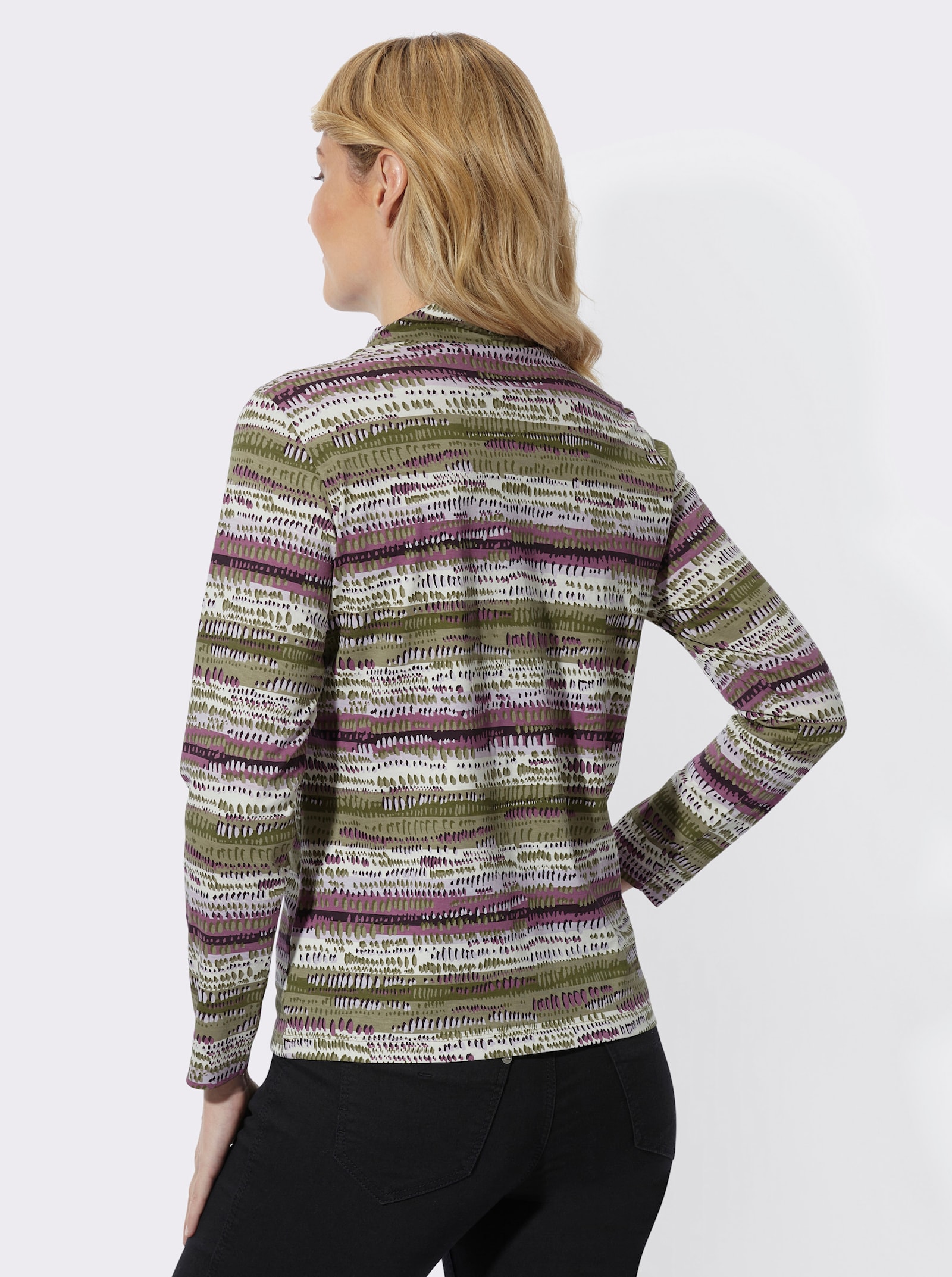 Stehkragenshirt mit farbharmonischen Streifen - oliv-aubergine-bedruckt