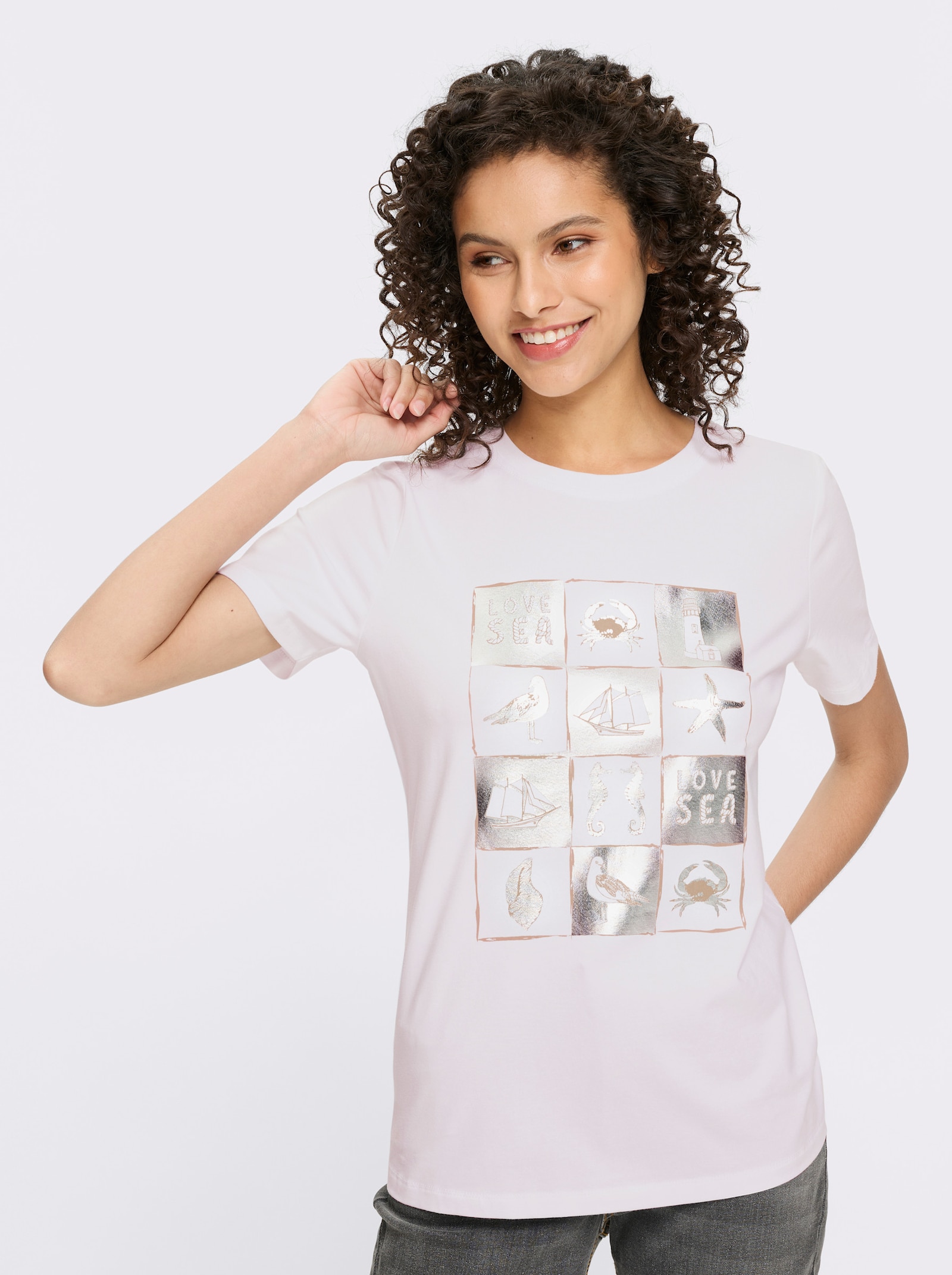 heine Kurzarmshirt mit Metallic-Druck - weiß