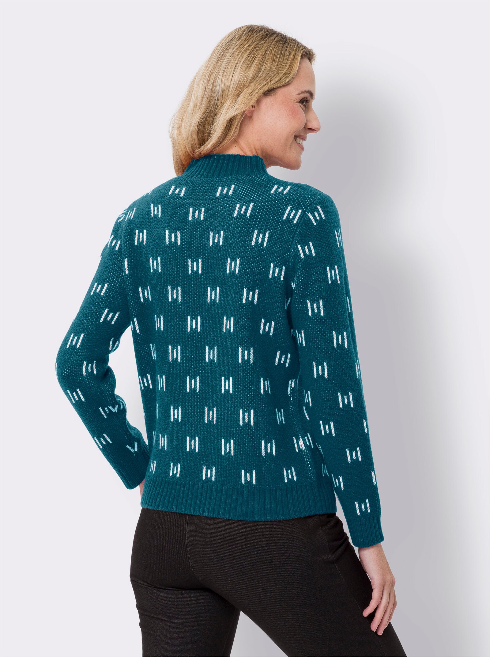 Pullover met opstaande kraag en breipatroon - aquapetrol/ecru gedessineerd