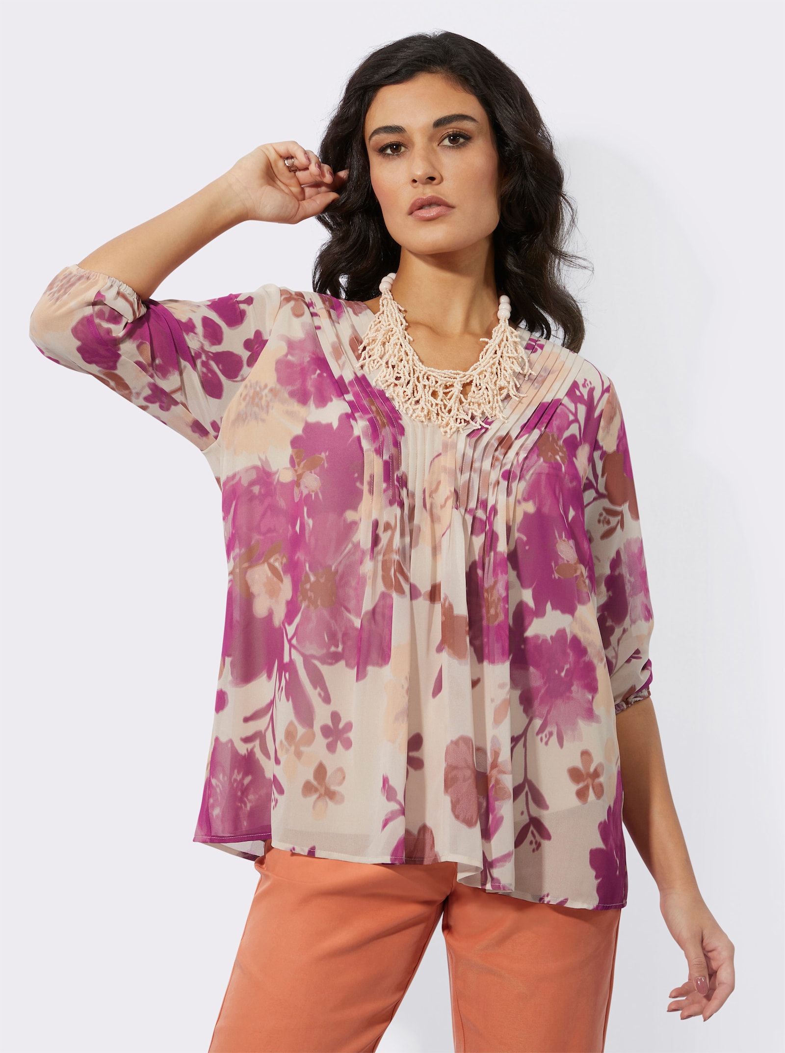 Georgettebluse in A-Form - elfenbein-fuchsia-bedruckt