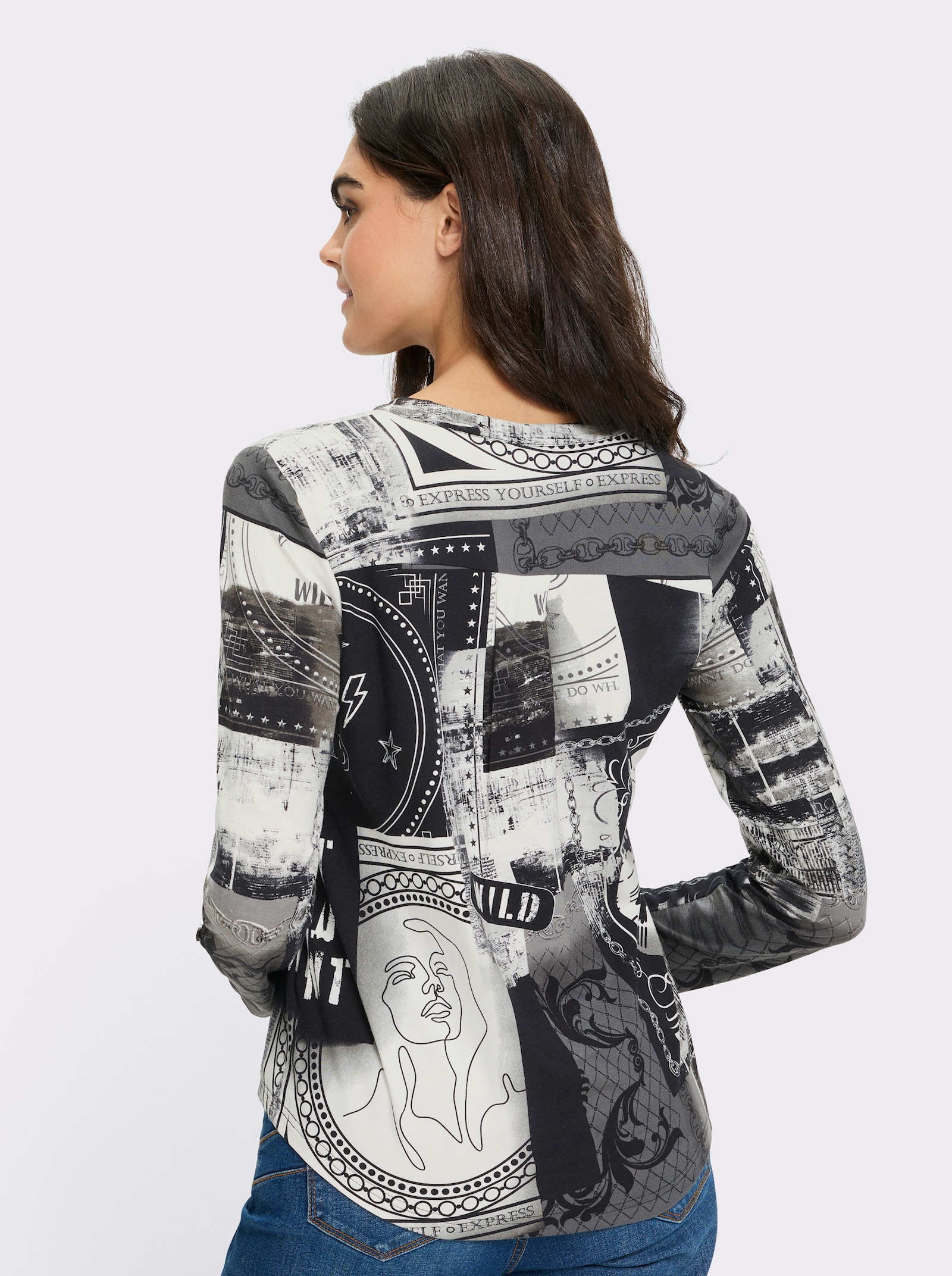 heine Blusenshirt mit kurzer Knopfleiste - weiß-schwarz-bedruckt